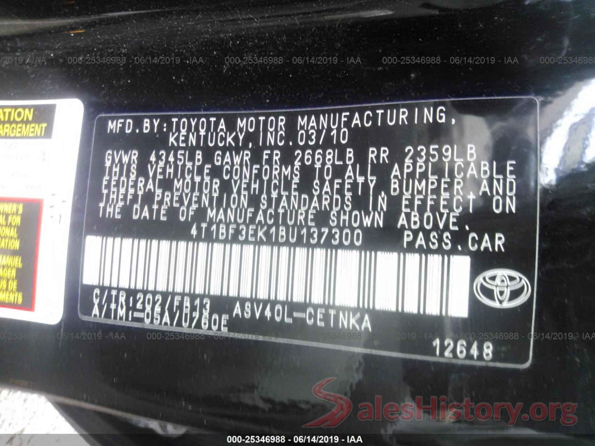 4T1BF3EK1BU137300 2011 TOYOTA CAMRY