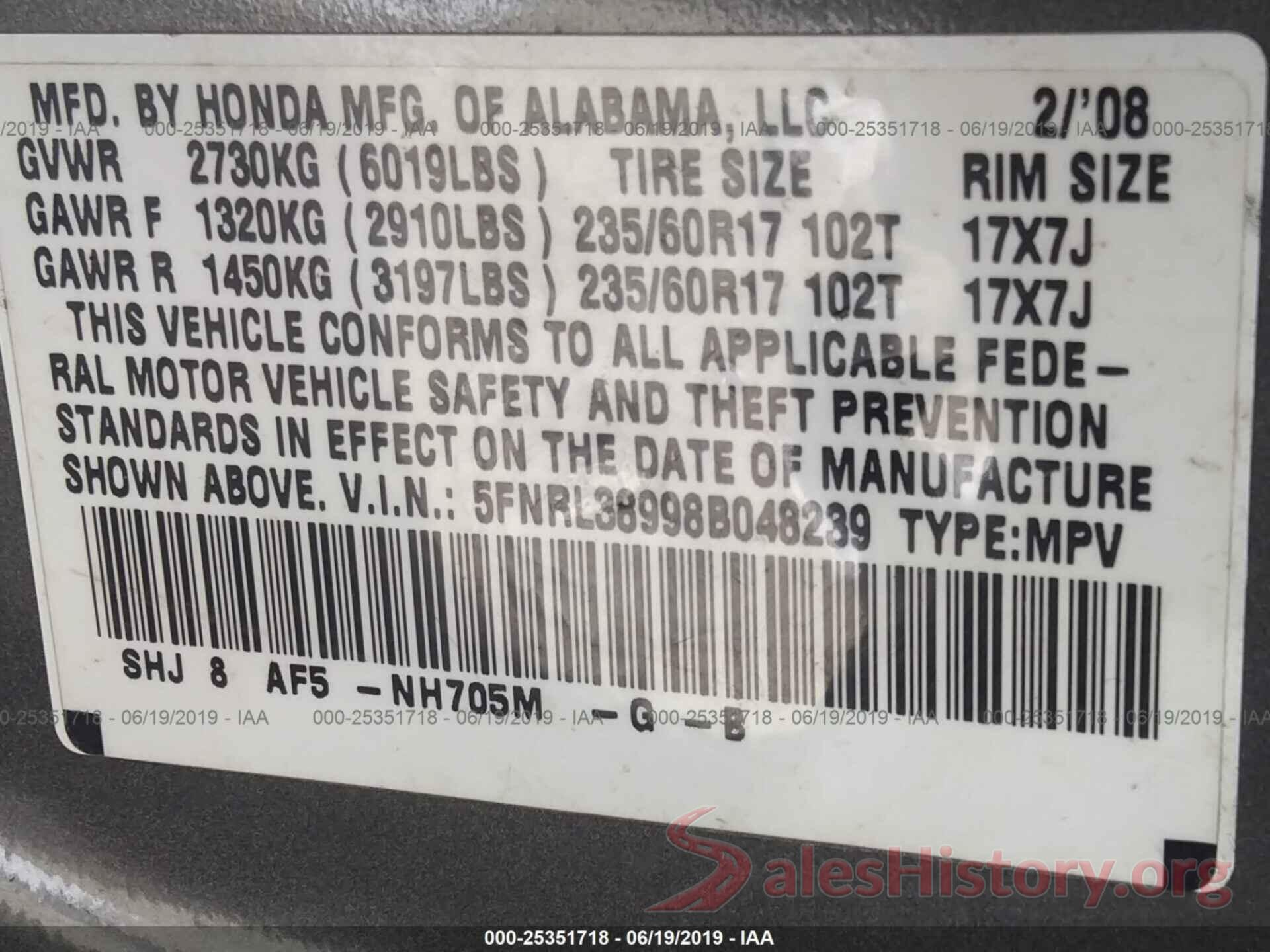 5FNRL38998B048239 2008 HONDA ODYSSEY