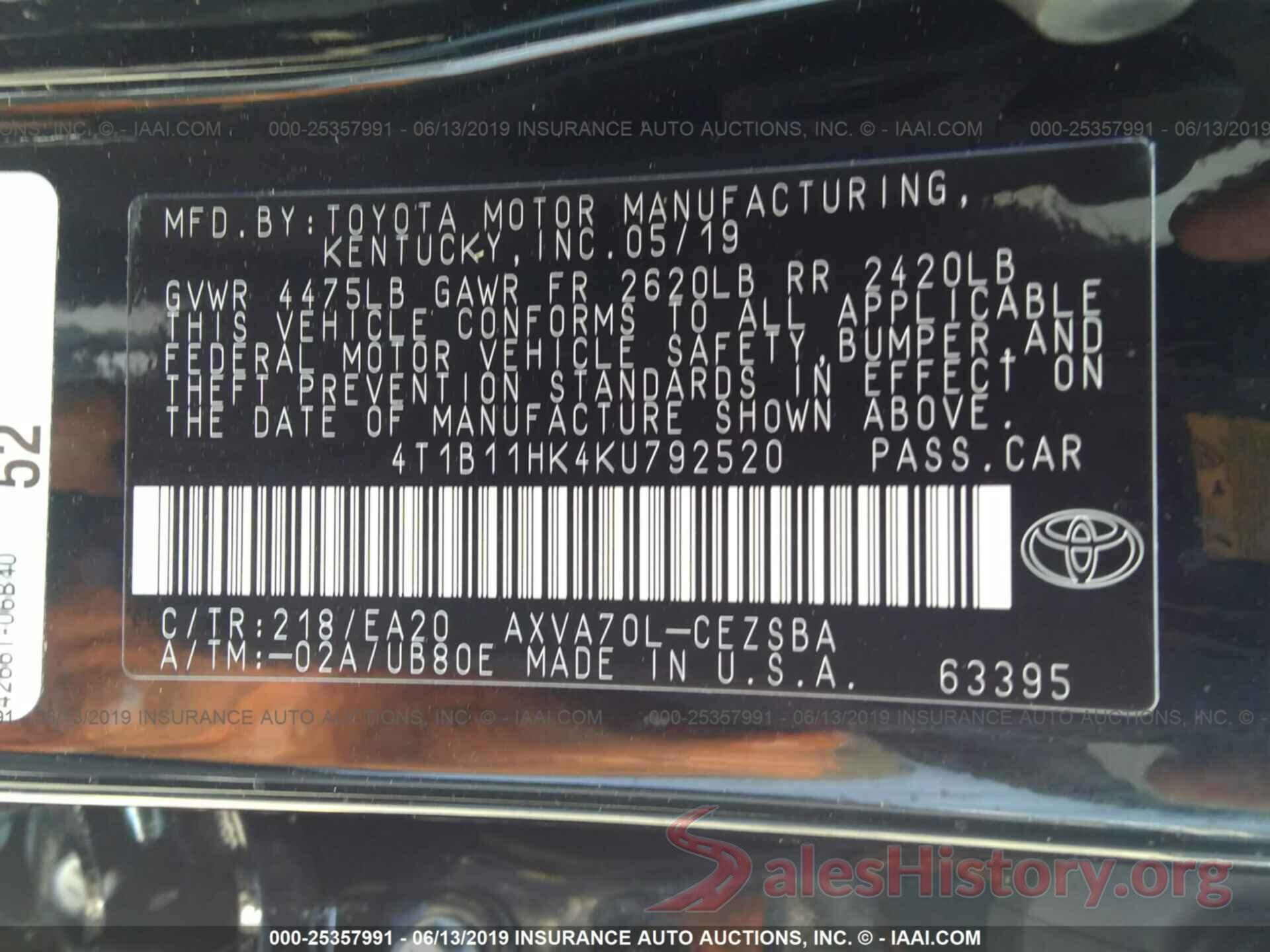 4T1B11HK4KU792520 2019 TOYOTA CAMRY