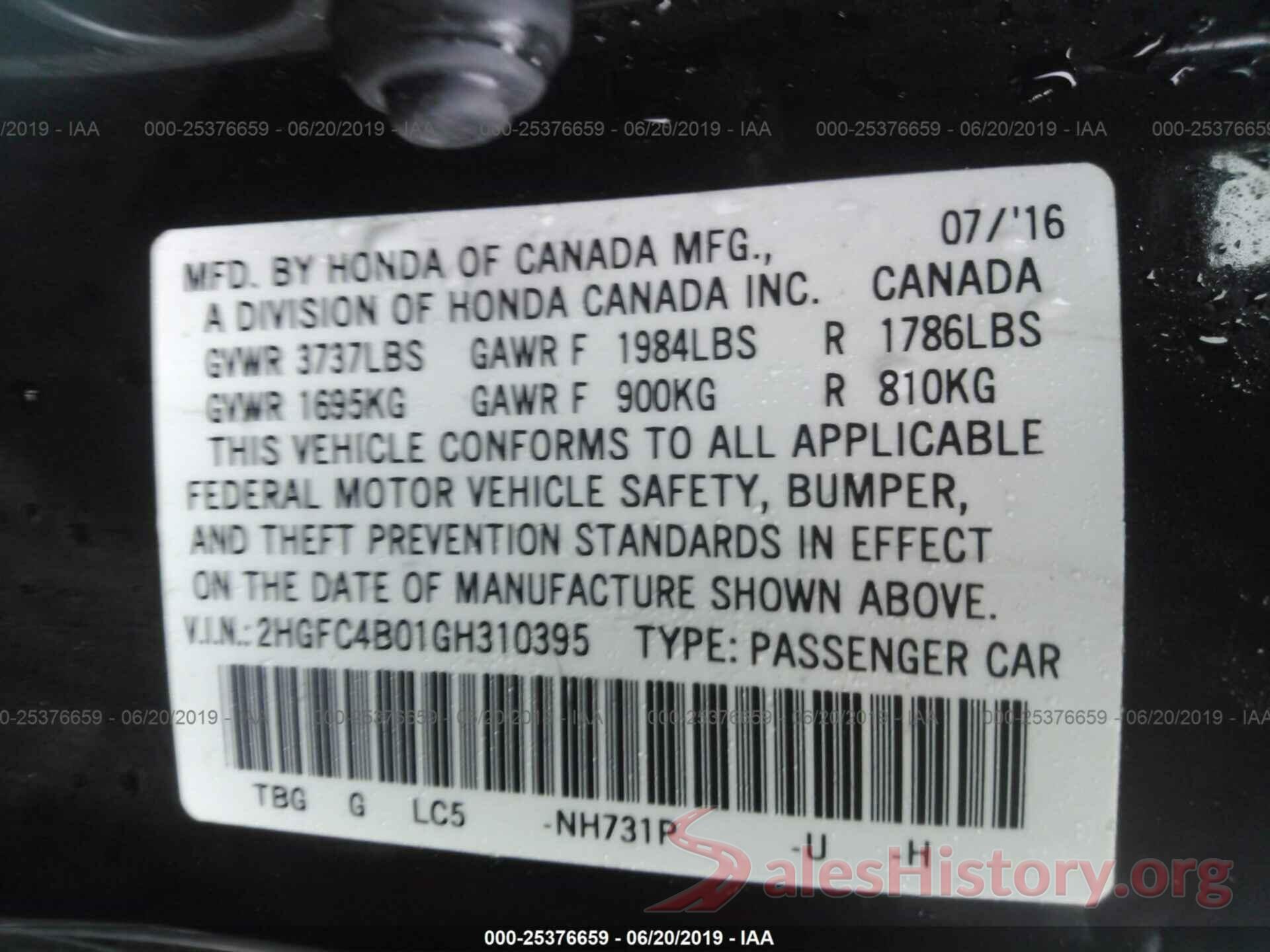 2HGFC4B01GH310395 2016 HONDA CIVIC