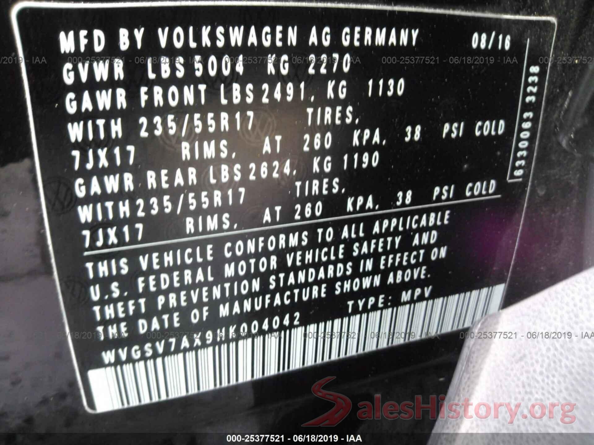 WVGSV7AX9HK004042 2017 VOLKSWAGEN TIGUAN