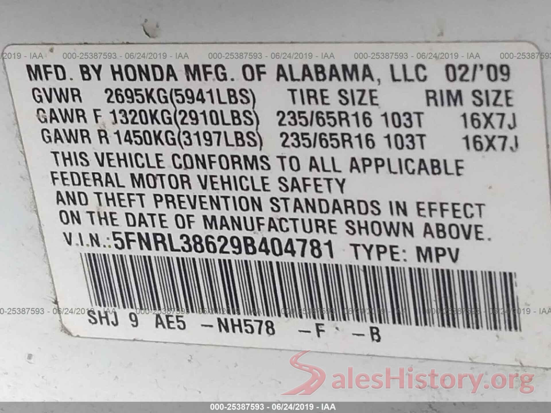 5FNRL38629B404781 2009 HONDA ODYSSEY