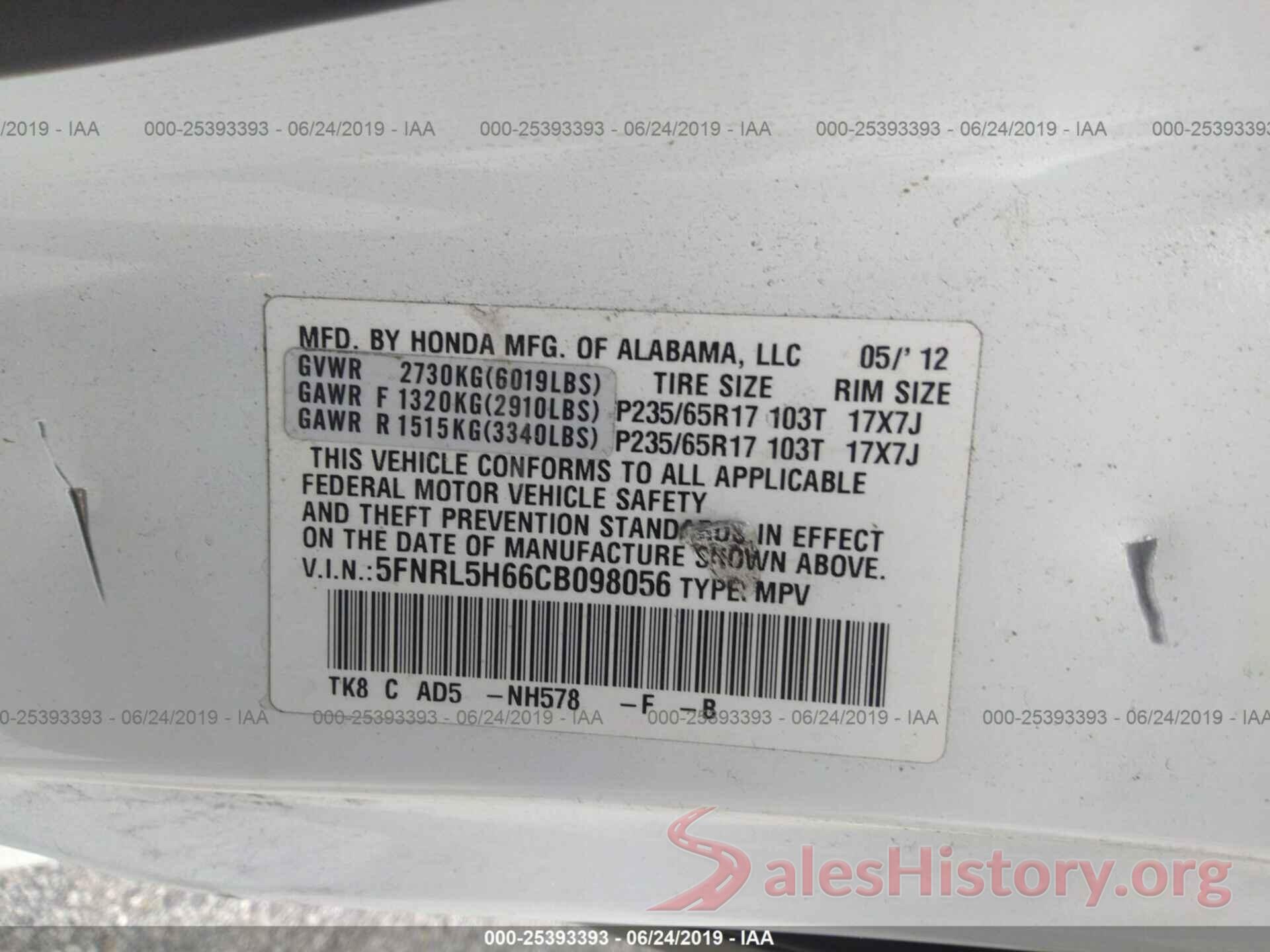 5FNRL5H66CB098056 2012 HONDA ODYSSEY