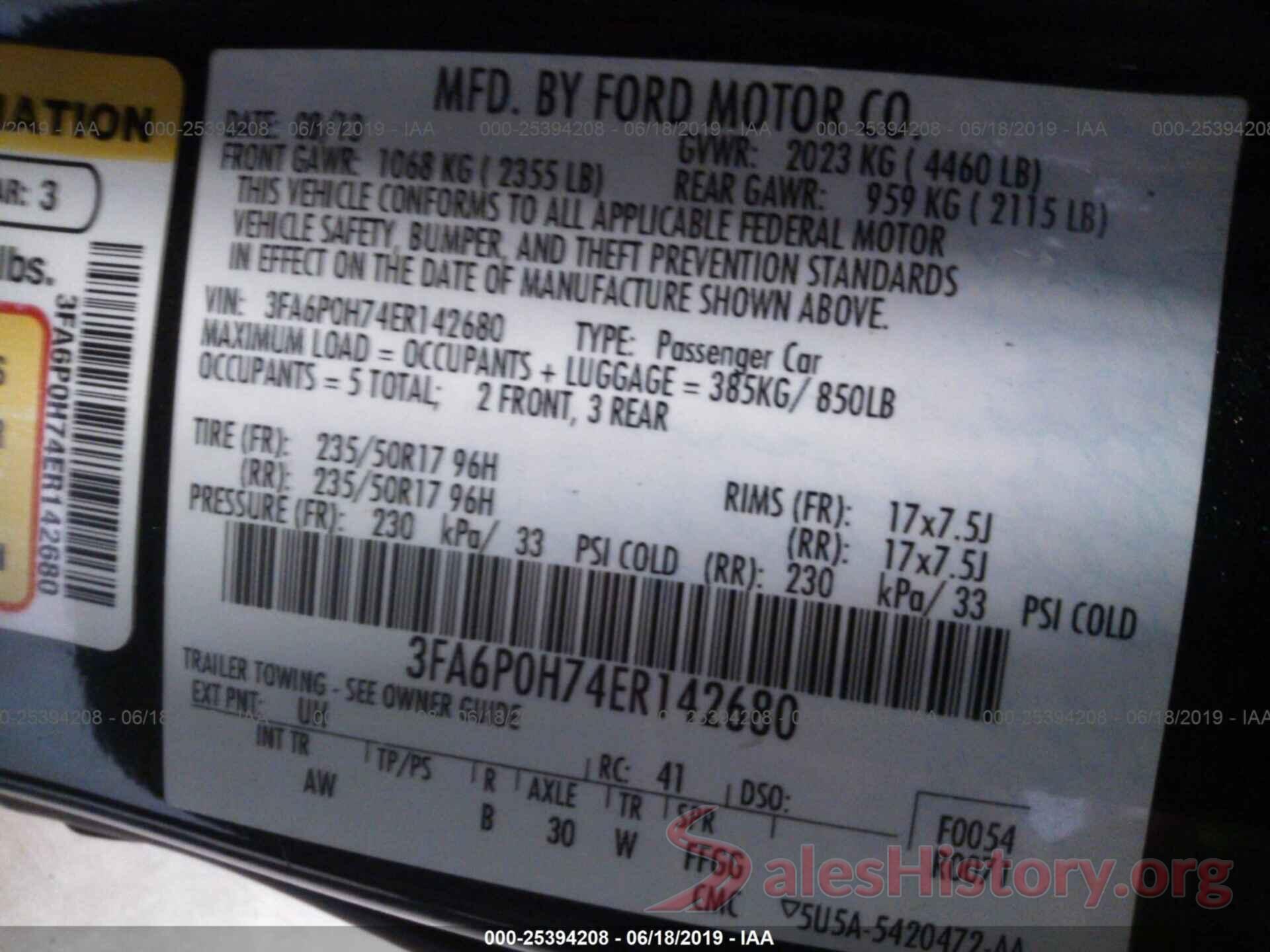 3FA6P0H74ER142680 2014 FORD FUSION