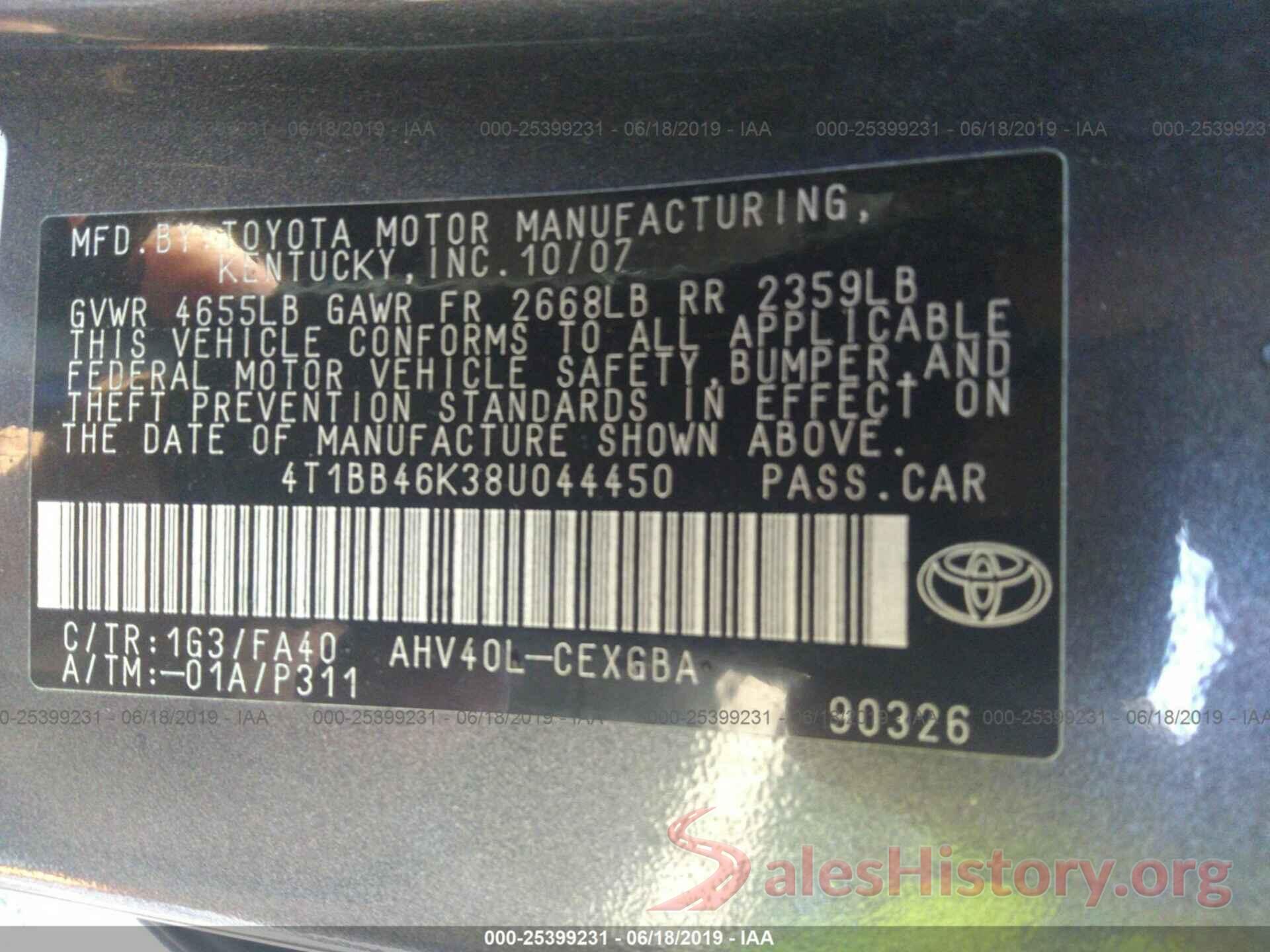 4T1BB46K38U044450 2008 TOYOTA CAMRY