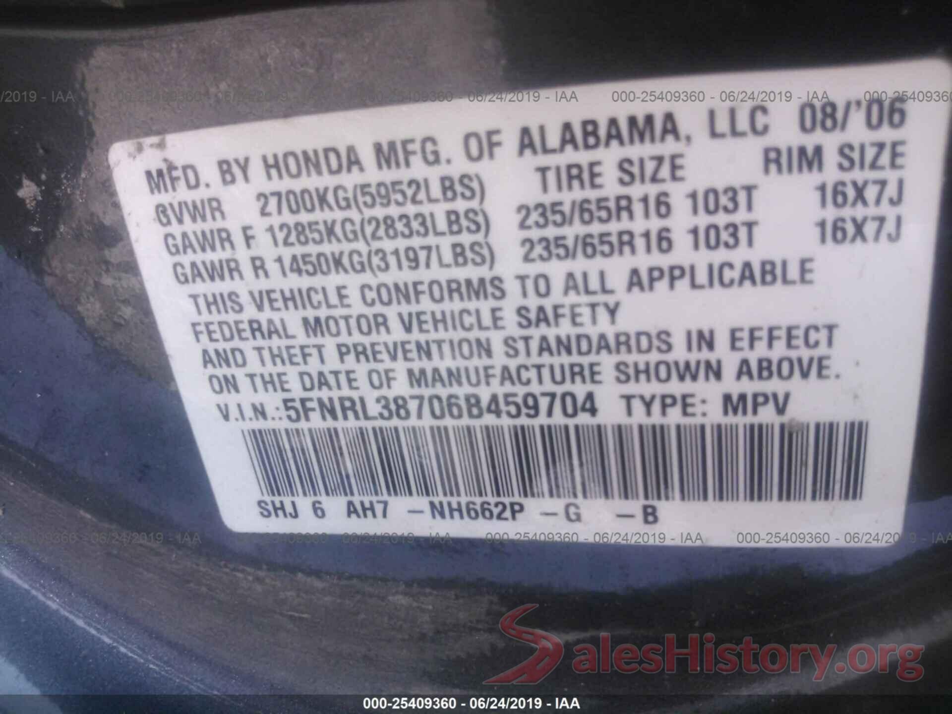 5FNRL38706B459704 2006 HONDA ODYSSEY