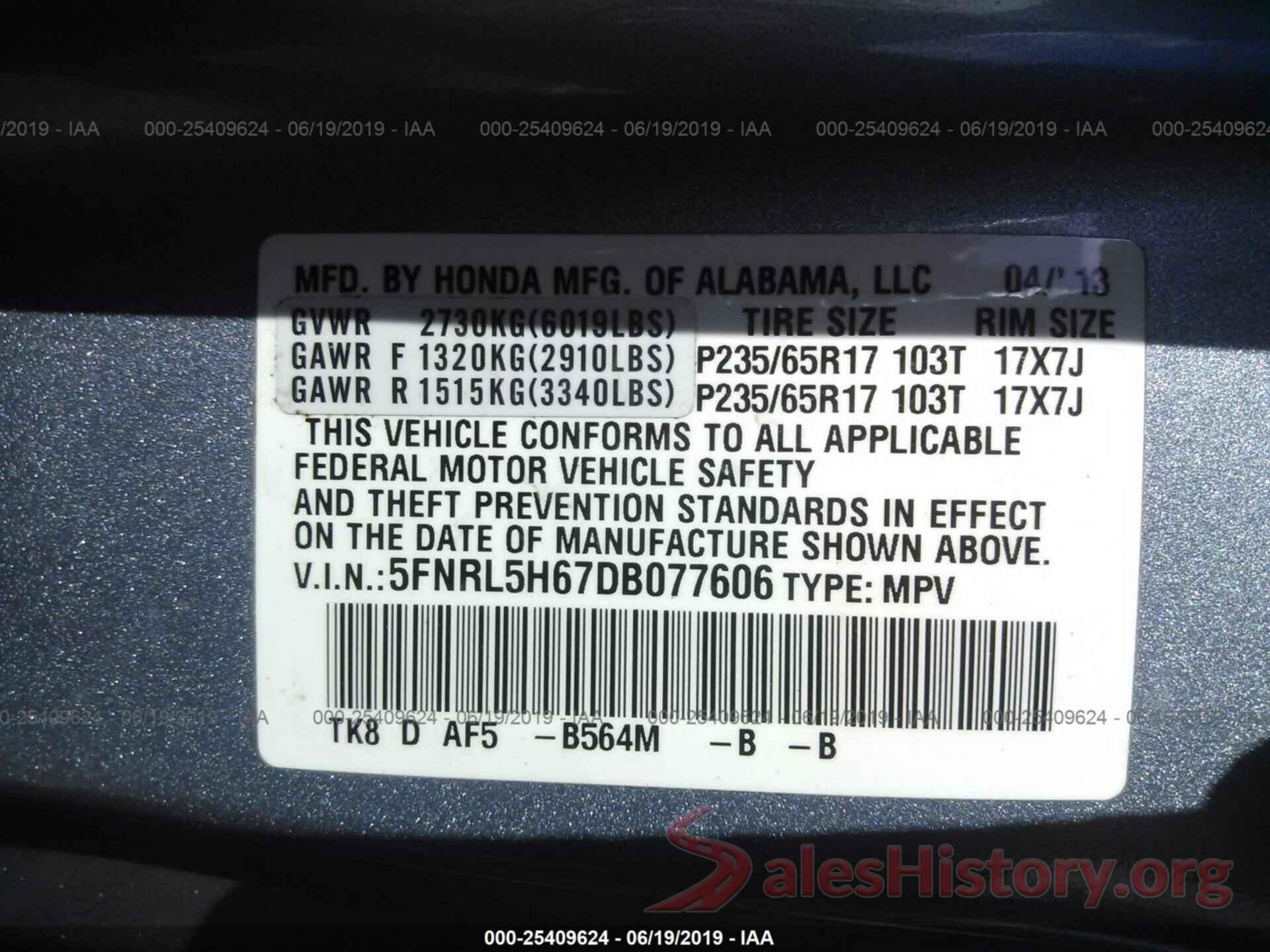 5FNRL5H67DB077606 2013 HONDA ODYSSEY