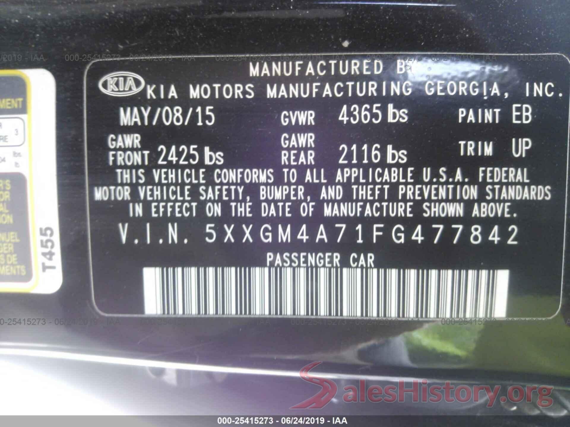 5XXGM4A71FG477842 2015 KIA OPTIMA