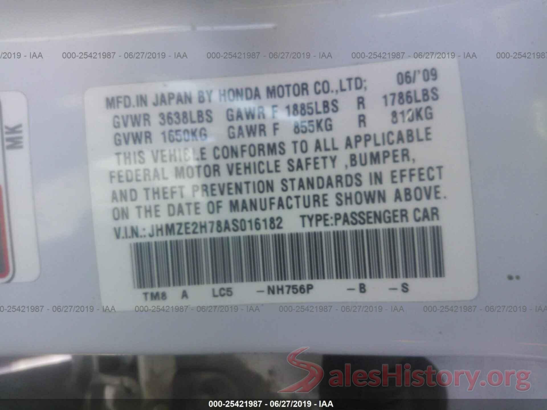 JHMZE2H78AS016182 2010 HONDA INSIGHT