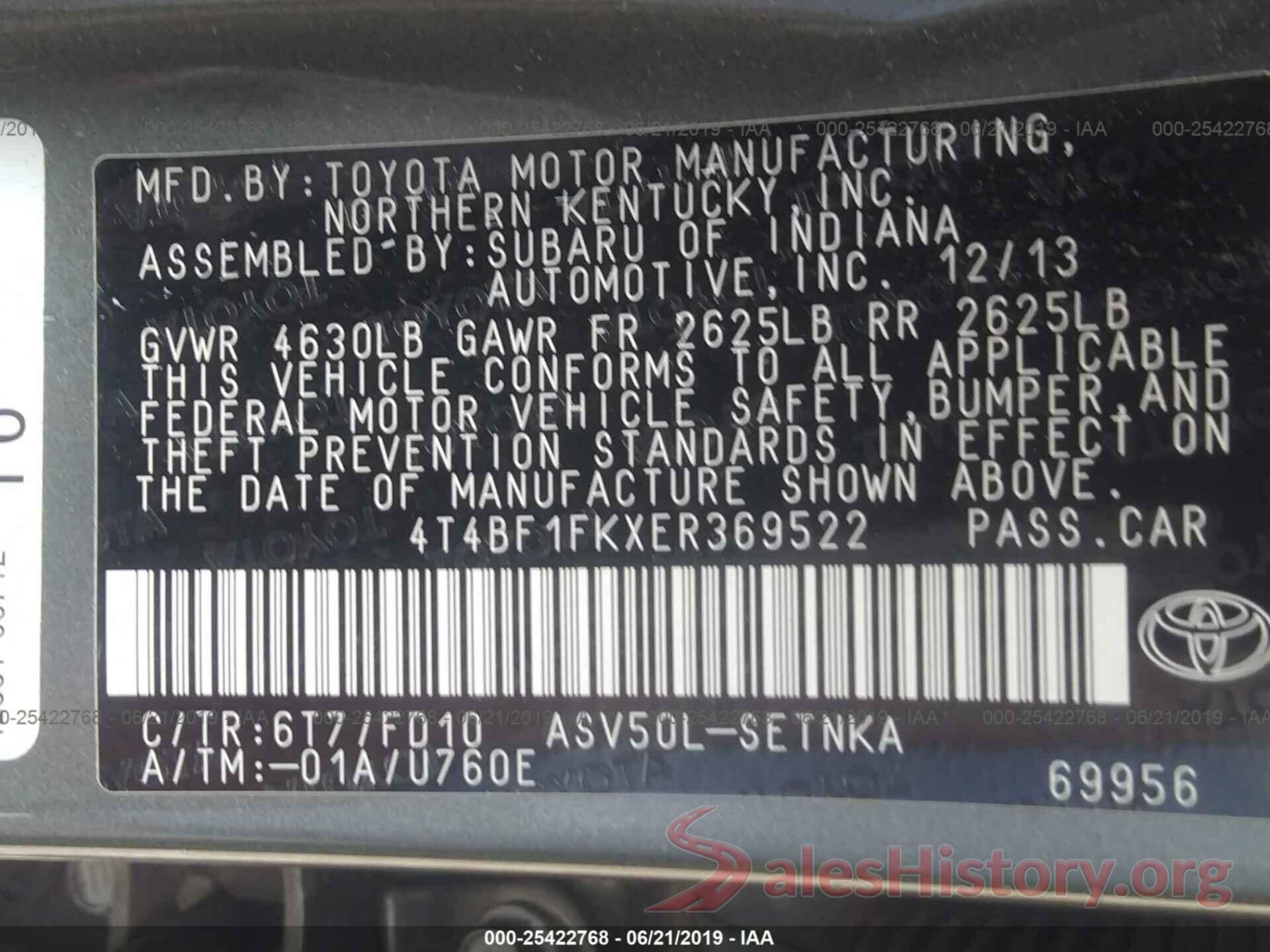 4T4BF1FKXER369522 2014 TOYOTA CAMRY