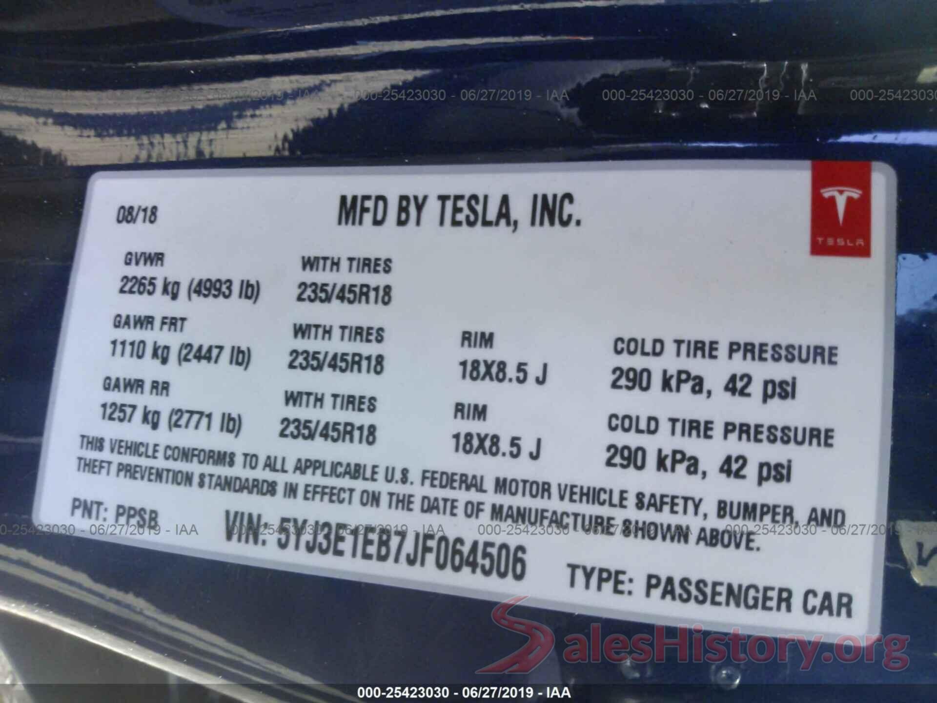 5YJ3E1EB7JF064506 2018 TESLA MODEL 3