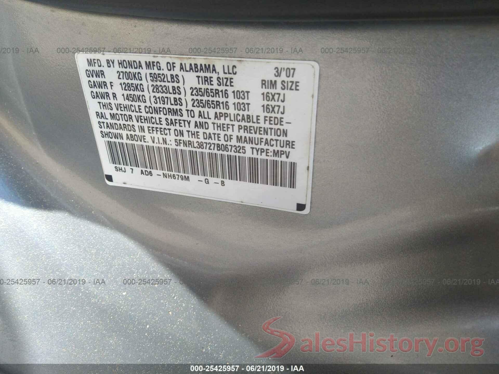 5FNRL38727B067325 2007 HONDA ODYSSEY