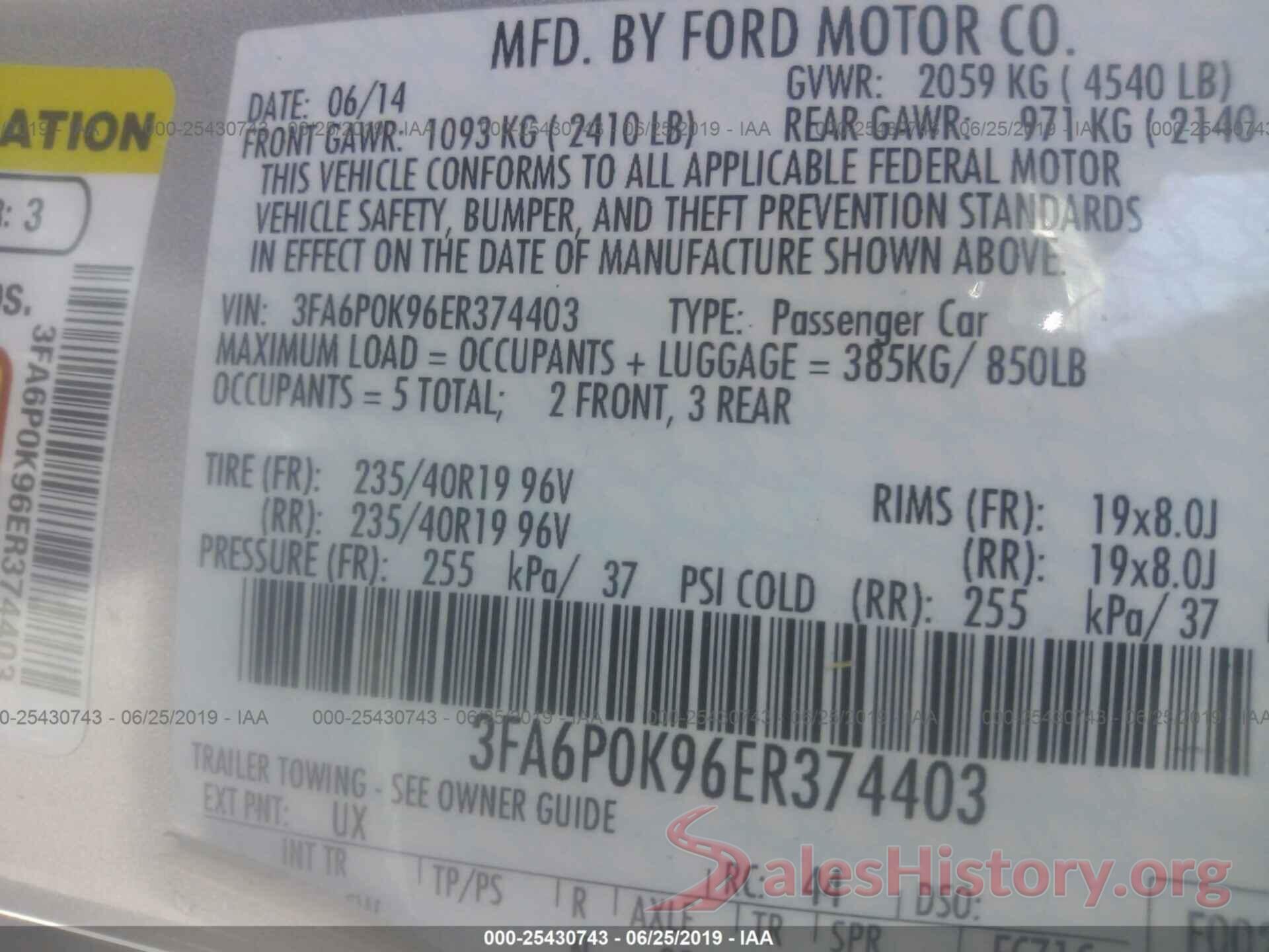 3FA6P0K96ER374403 2014 FORD FUSION