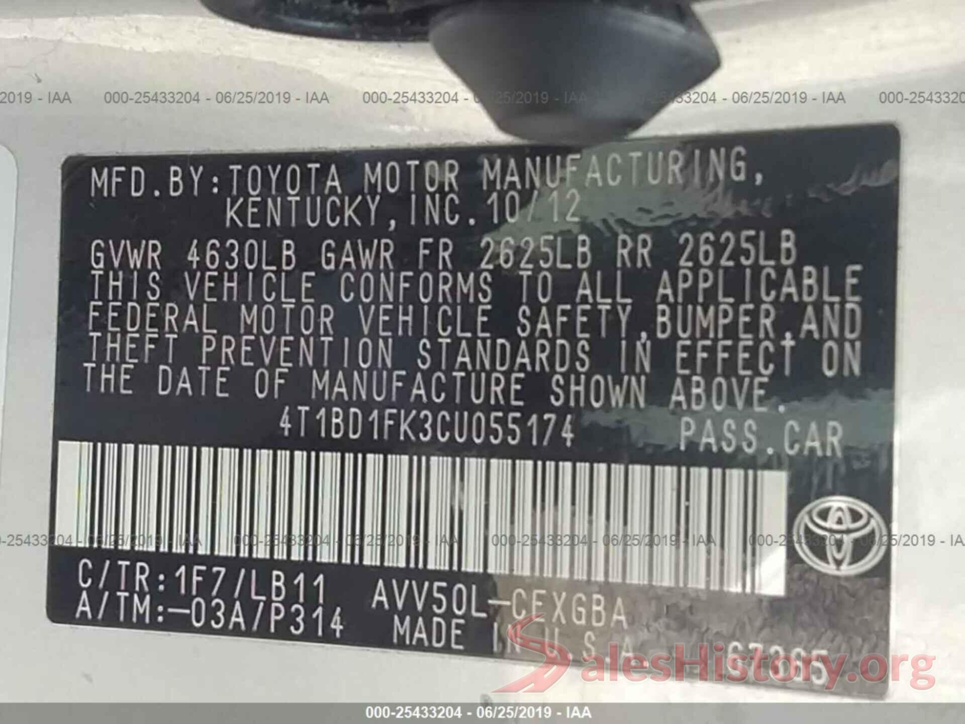 4T1BD1FK3CU055174 2012 TOYOTA CAMRY