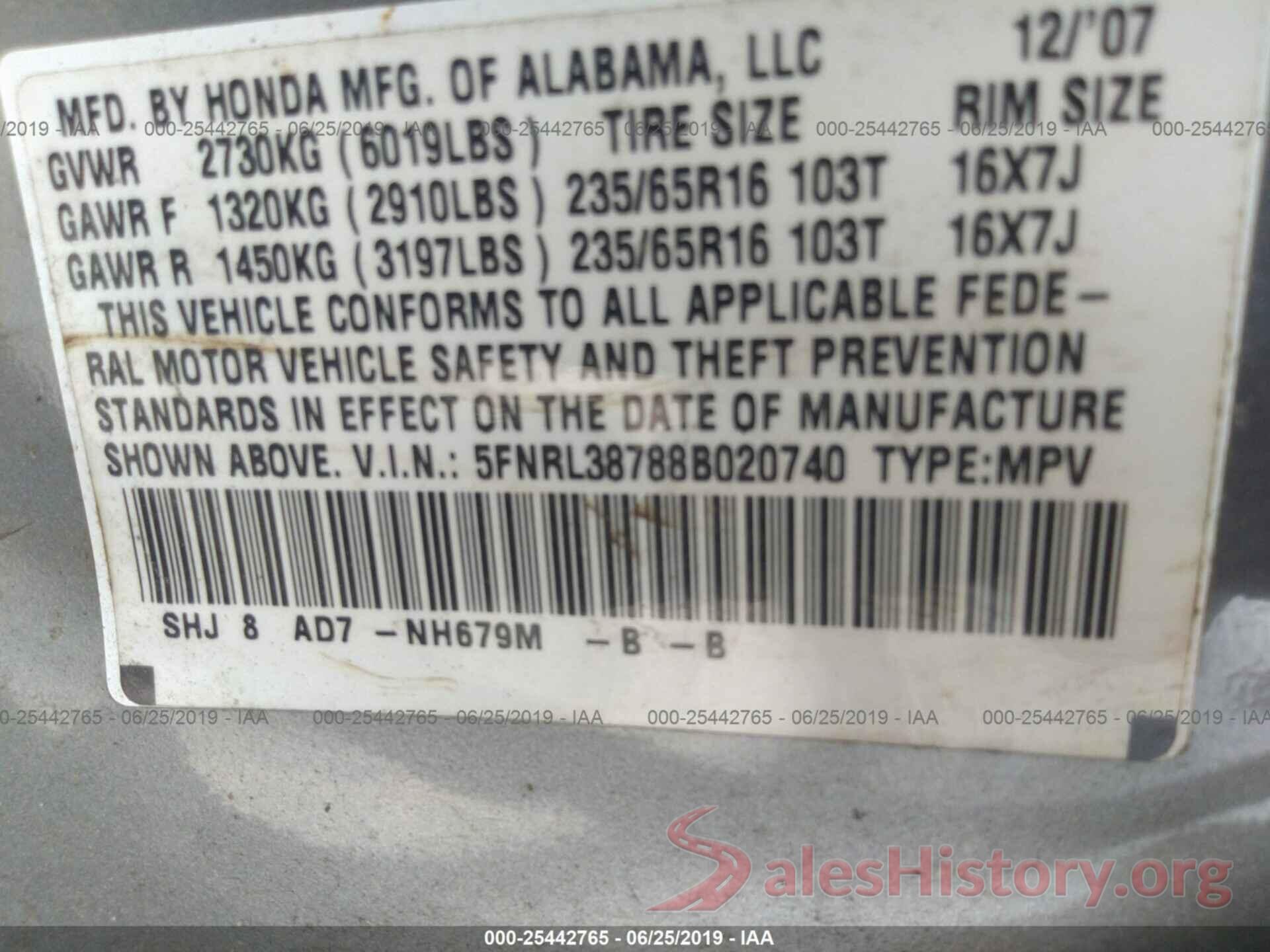 5FNRL38788B020740 2008 HONDA ODYSSEY