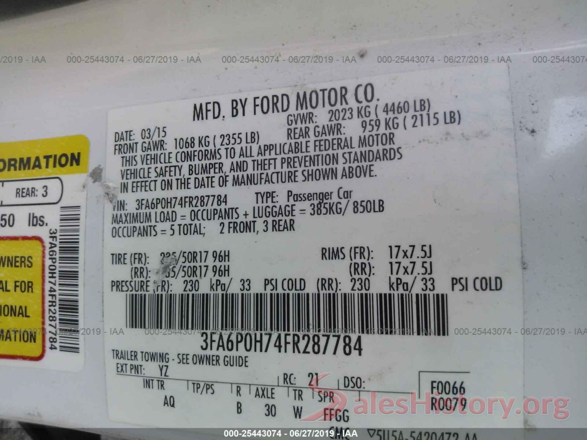 3FA6P0H74FR287784 2015 FORD FUSION