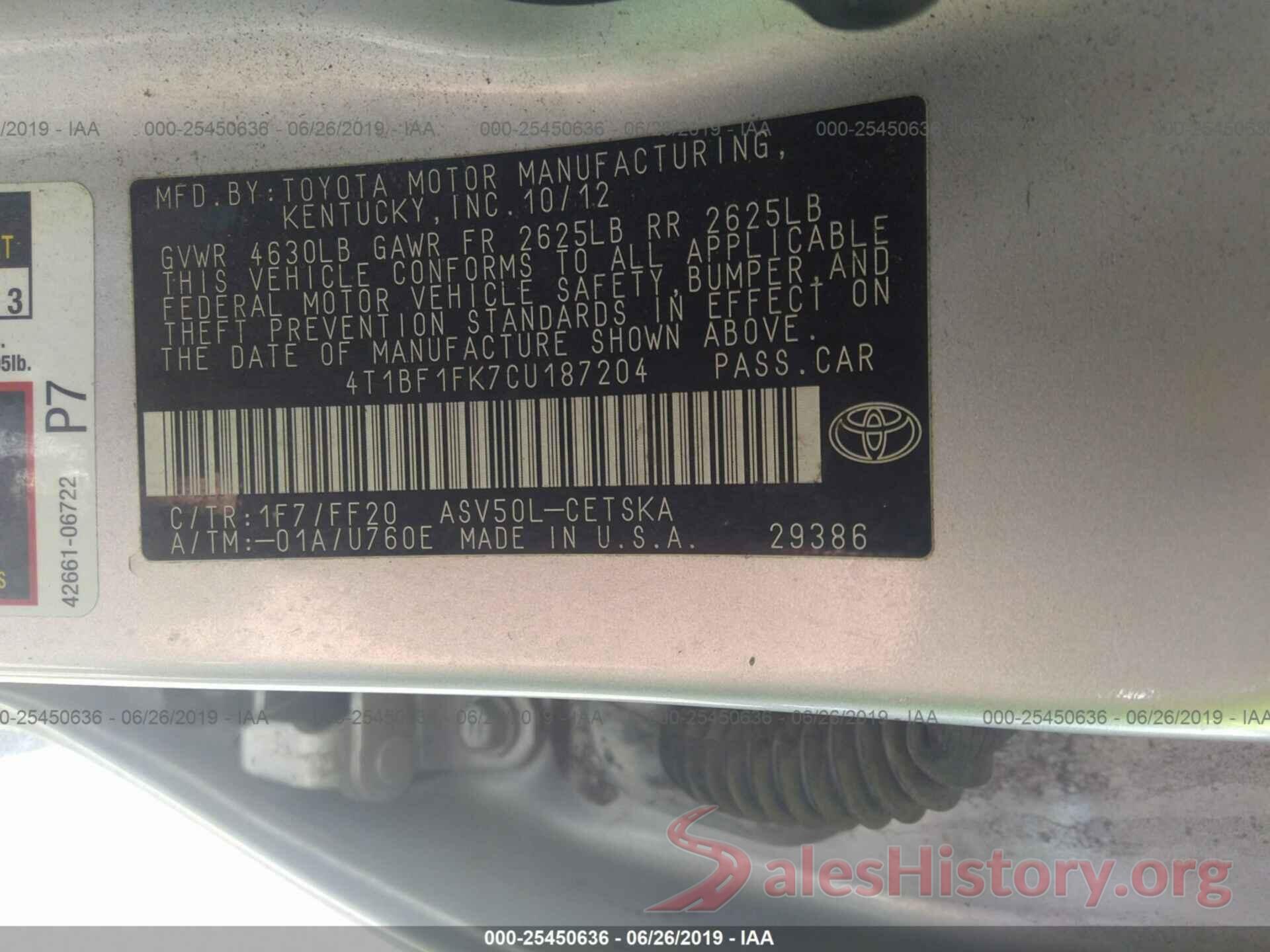 4T1BF1FK7CU187204 2012 TOYOTA CAMRY