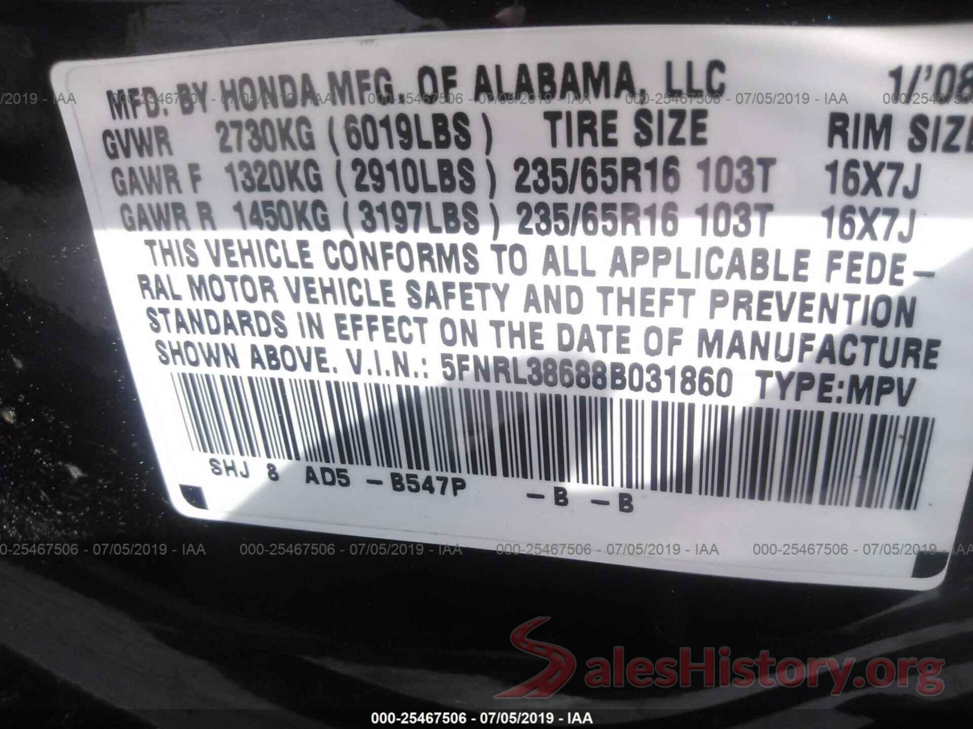 5FNRL38688B031860 2008 HONDA ODYSSEY