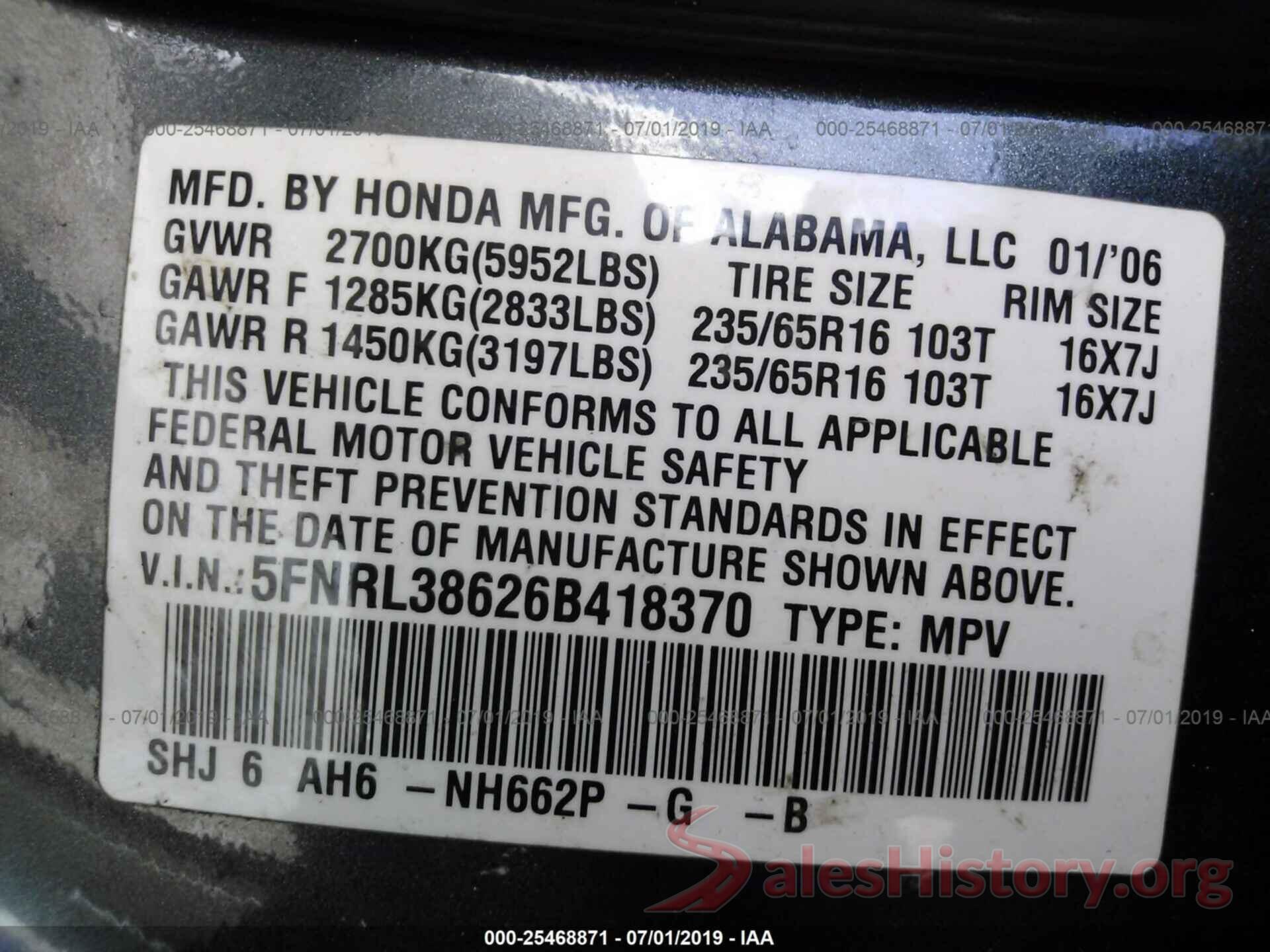 5FNRL38626B418370 2006 HONDA ODYSSEY