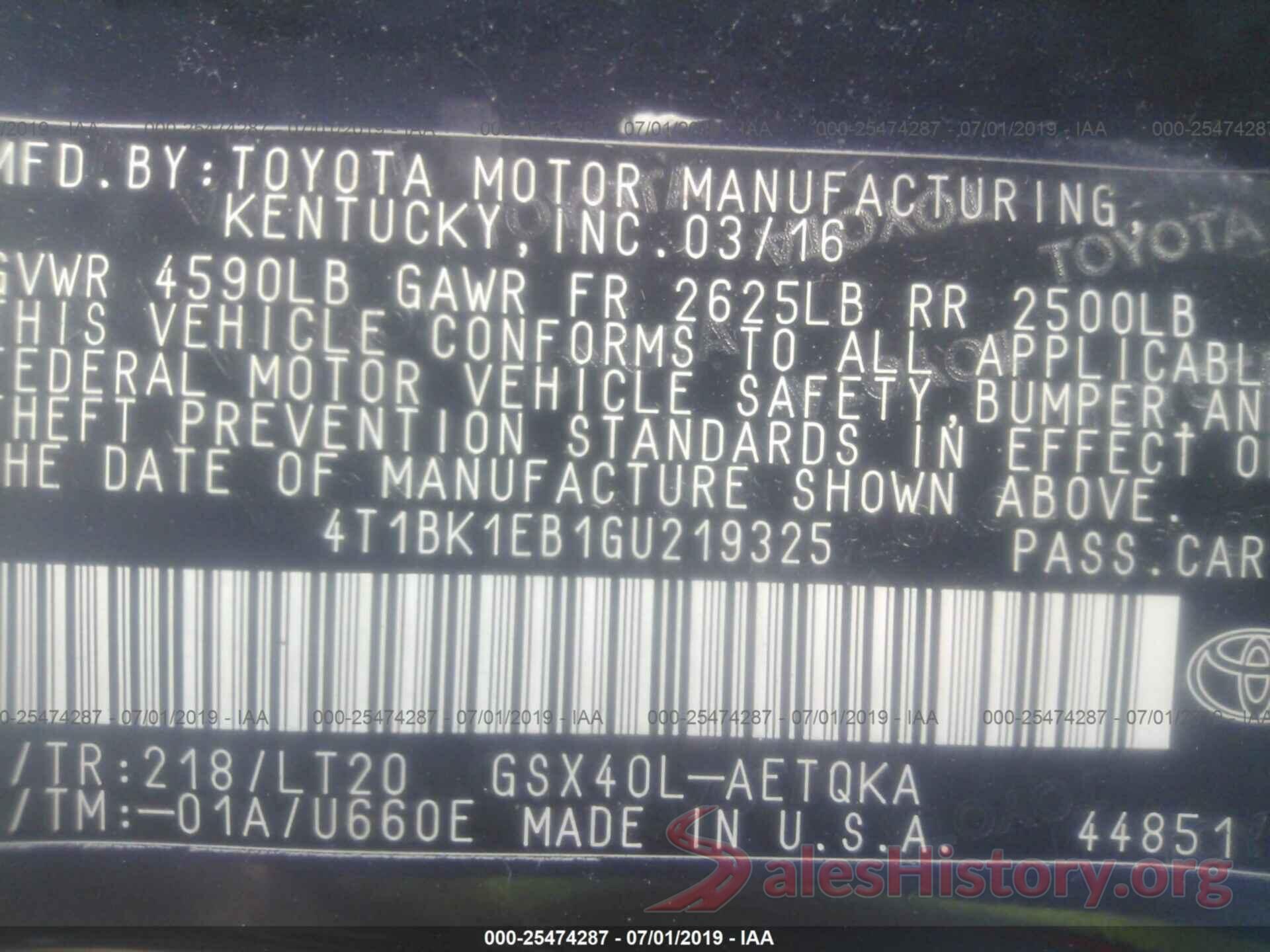 4T1BK1EB1GU219325 2016 TOYOTA AVALON