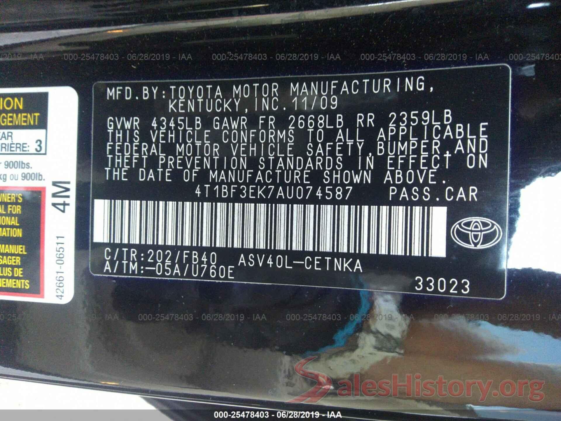 4T1BF3EK7AU074587 2010 TOYOTA CAMRY