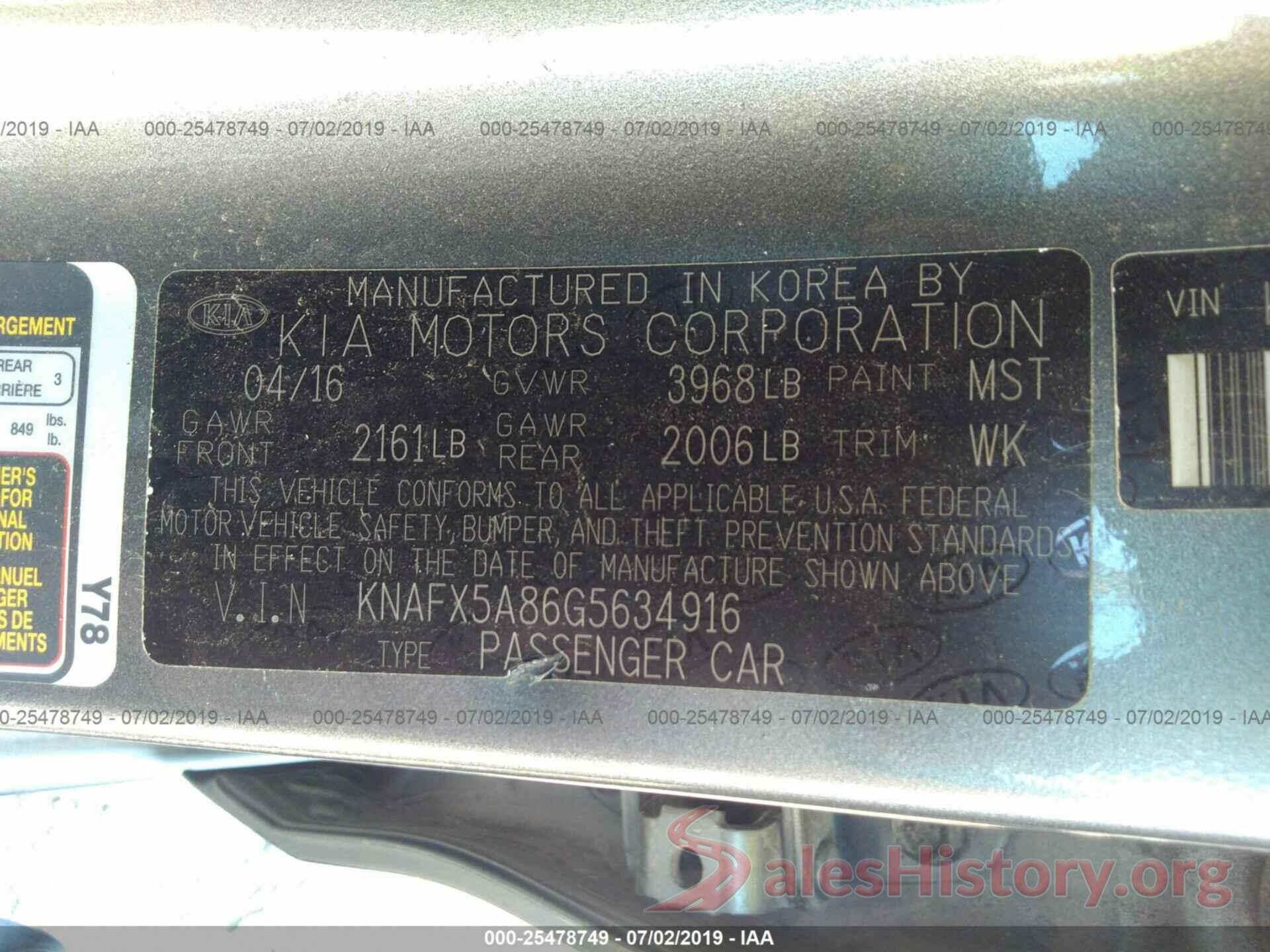 KNAFX5A86G5634916 2016 KIA FORTE