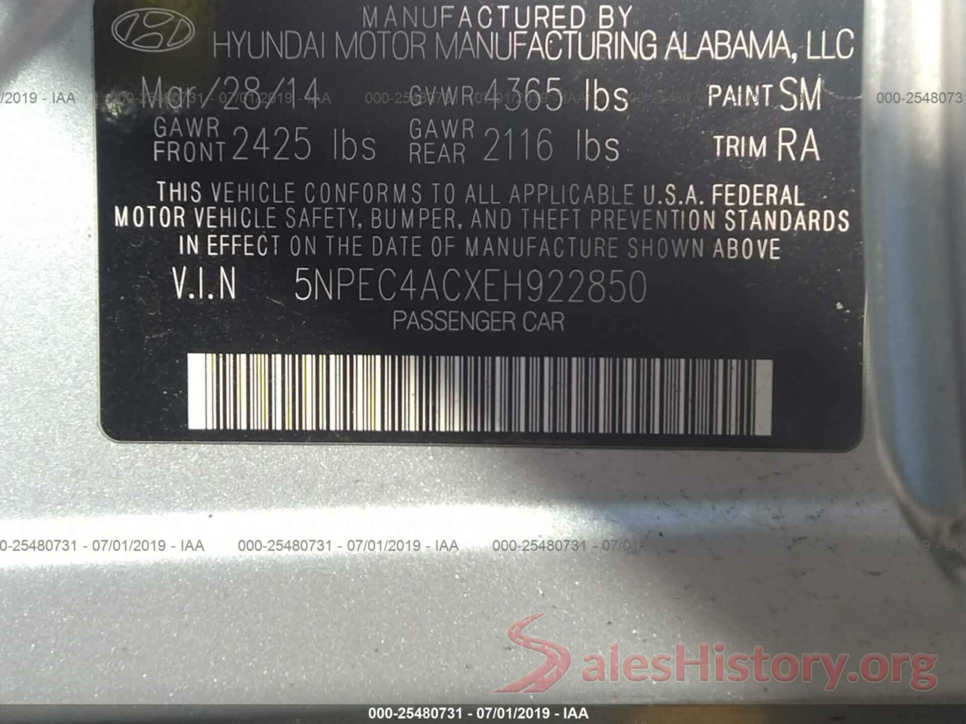 5NPEC4ACXEH922850 2014 HYUNDAI SONATA