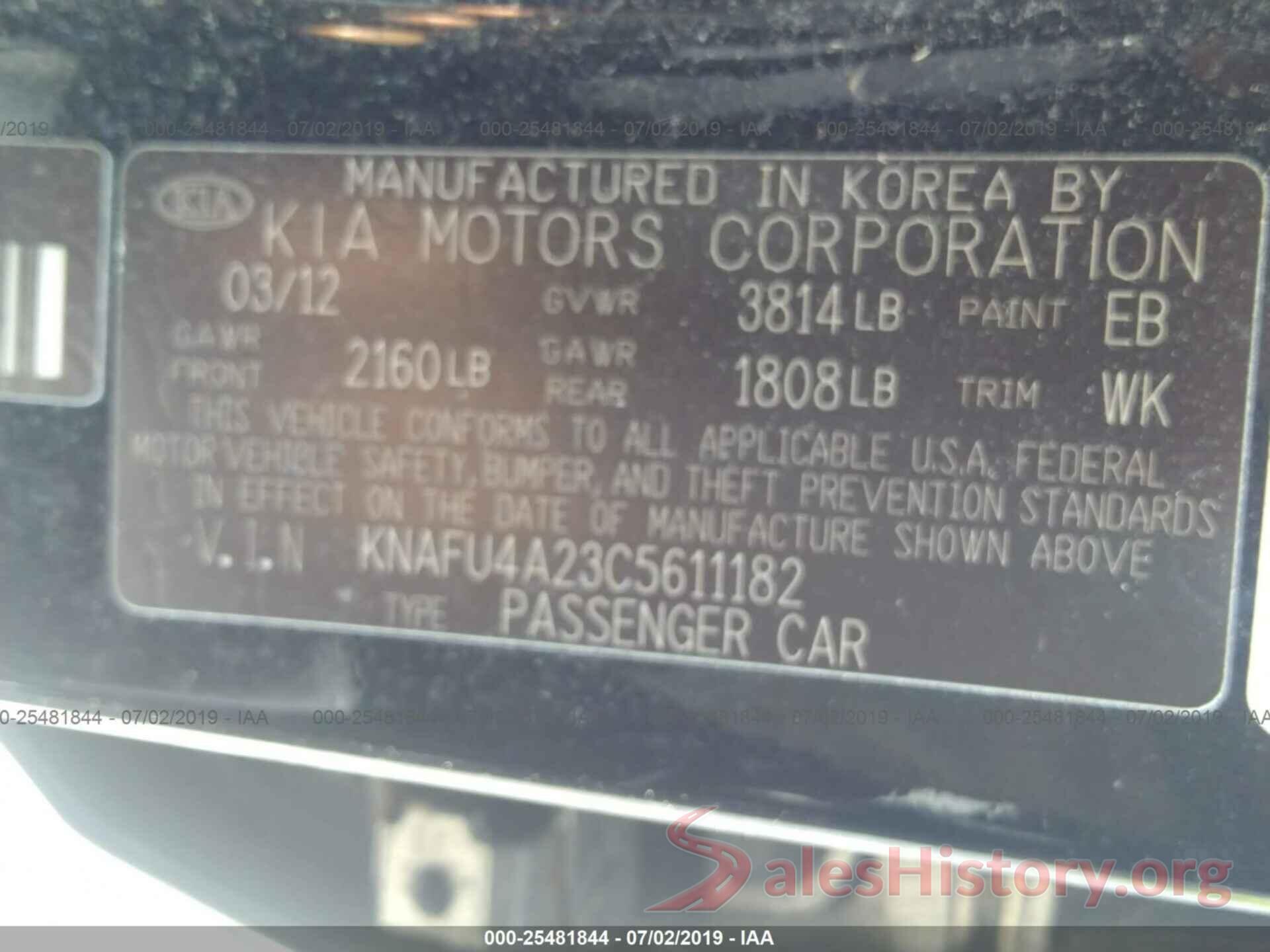 KNAFU4A23C5611182 2012 KIA FORTE