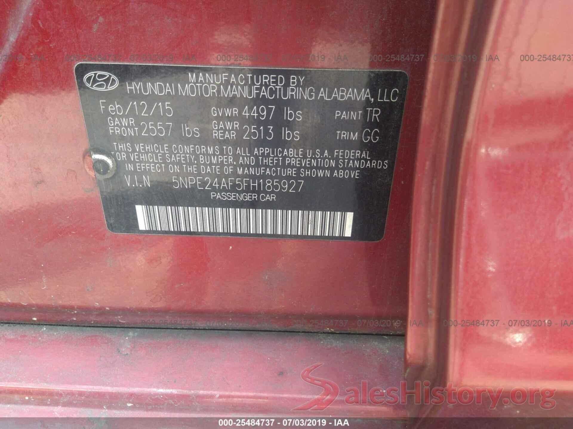 5NPE24AF5FH185927 2015 HYUNDAI SONATA