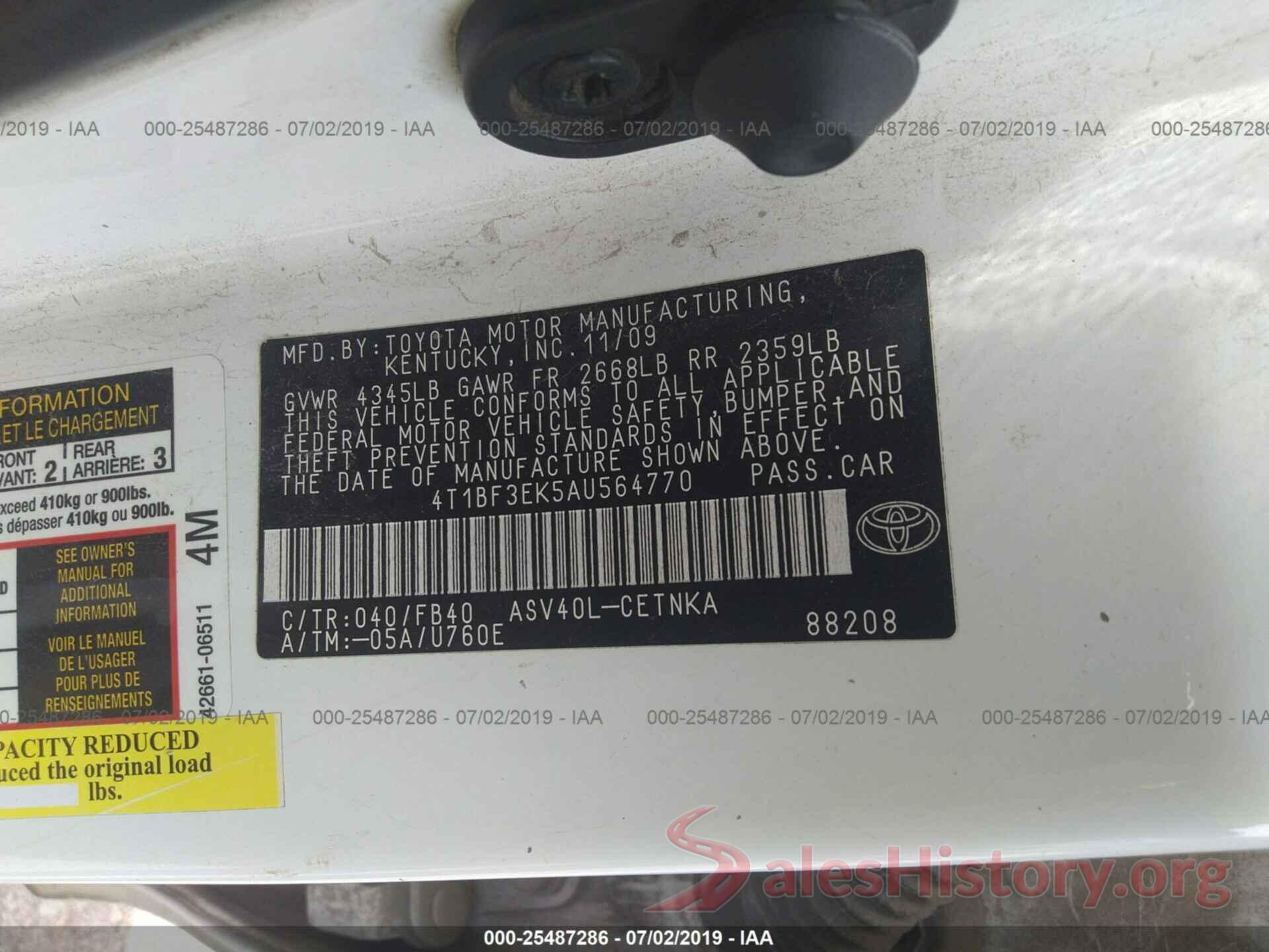 4T1BF3EK5AU564770 2010 TOYOTA CAMRY