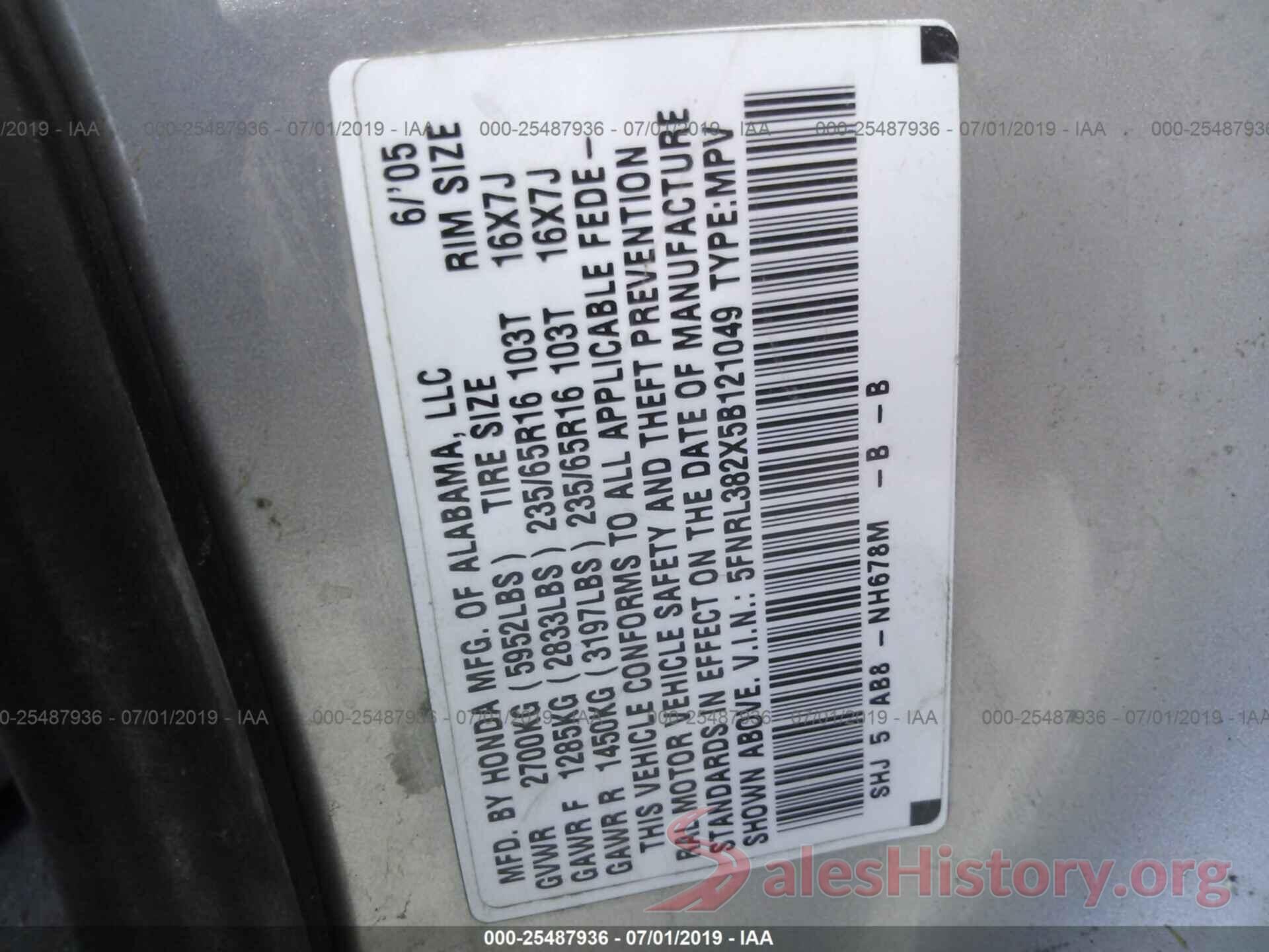 5FNRL382X5B121049 2005 HONDA ODYSSEY