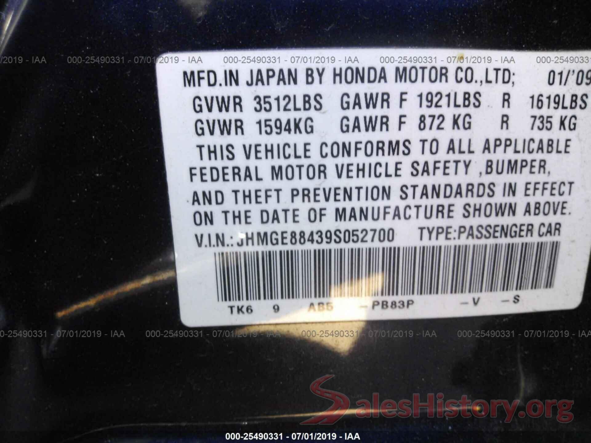 JHMGE88439S052700 2009 HONDA FIT