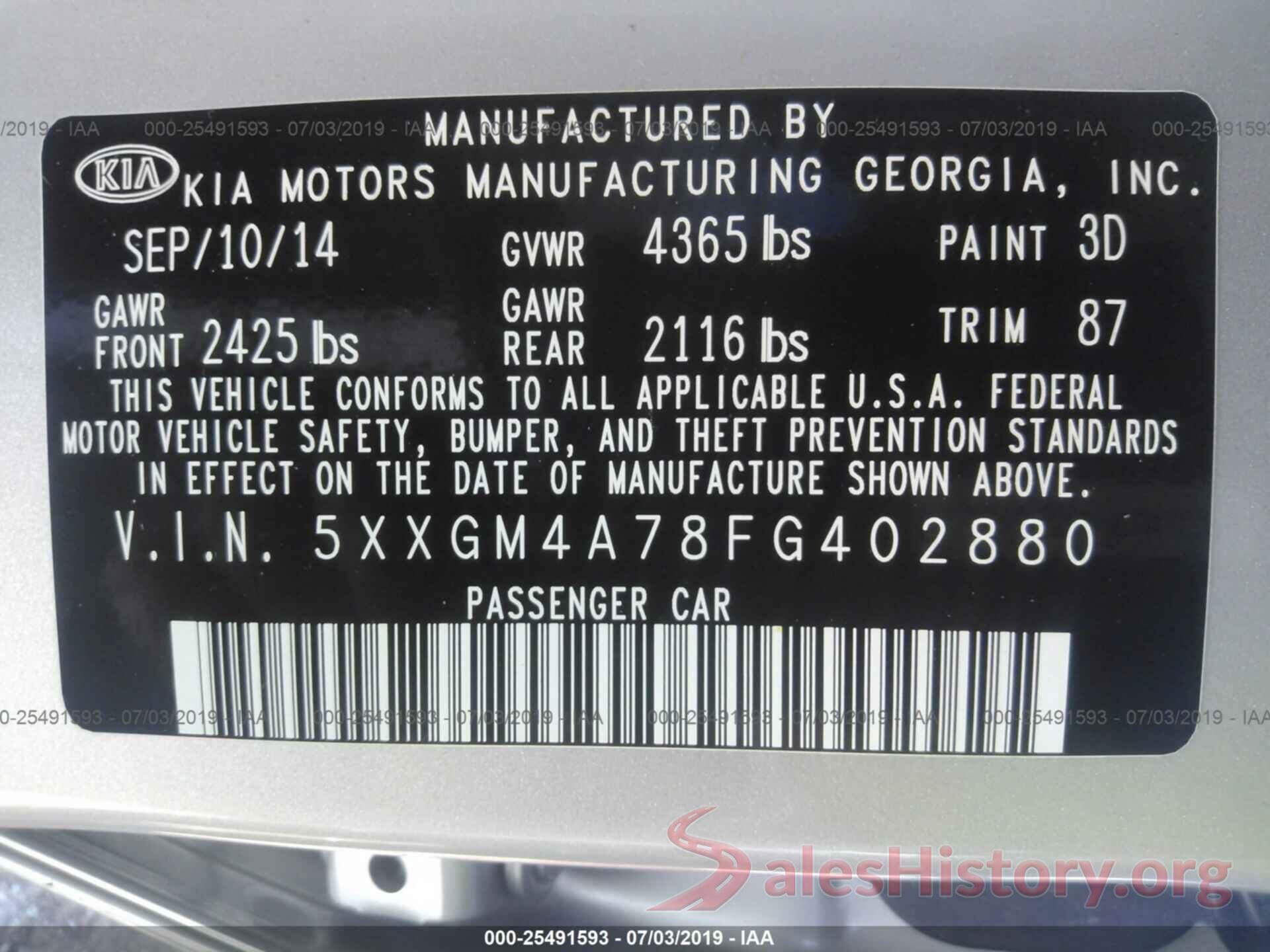 5XXGM4A78FG402880 2015 KIA OPTIMA