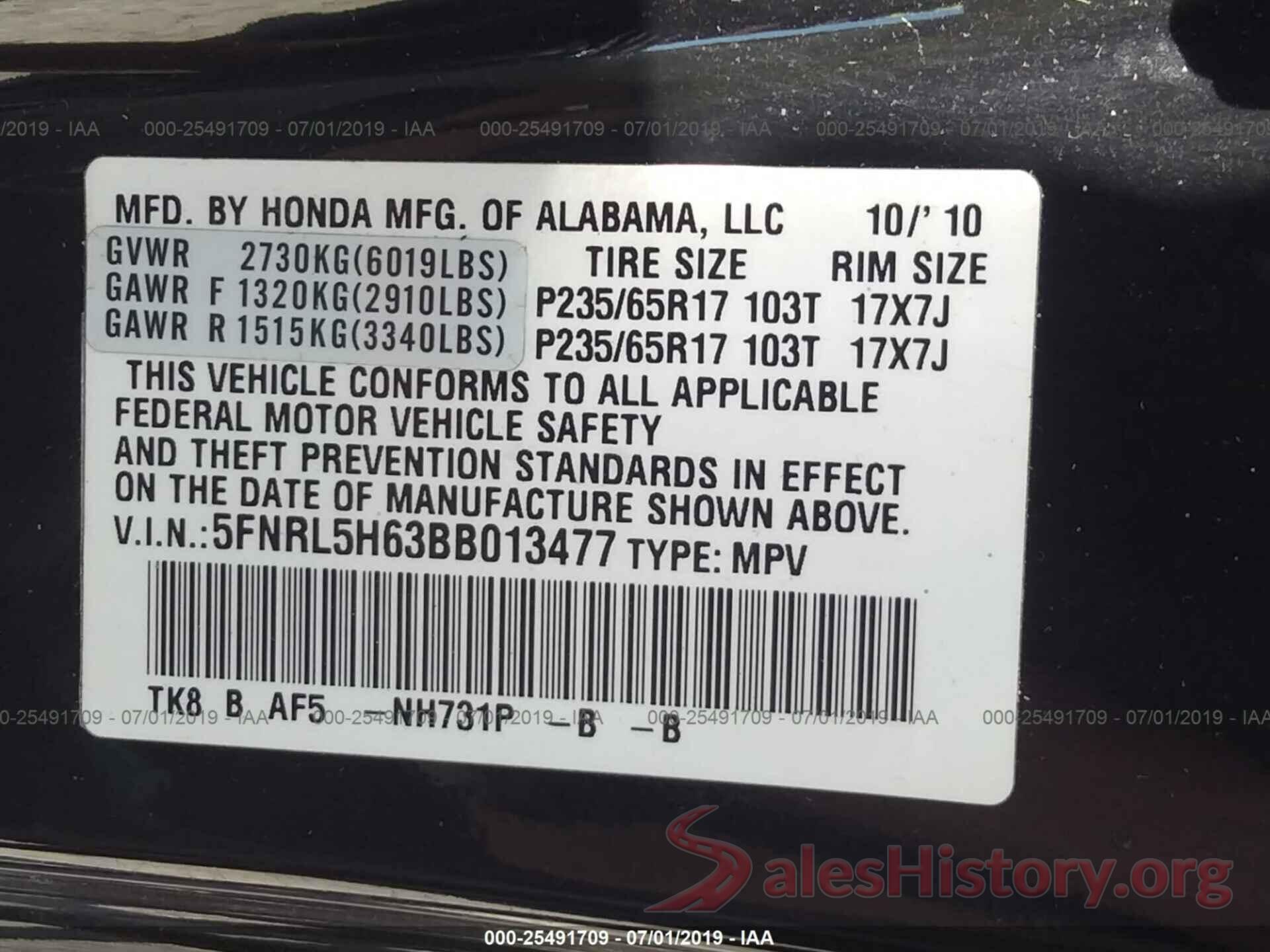 5FNRL5H63BB013477 2011 HONDA ODYSSEY