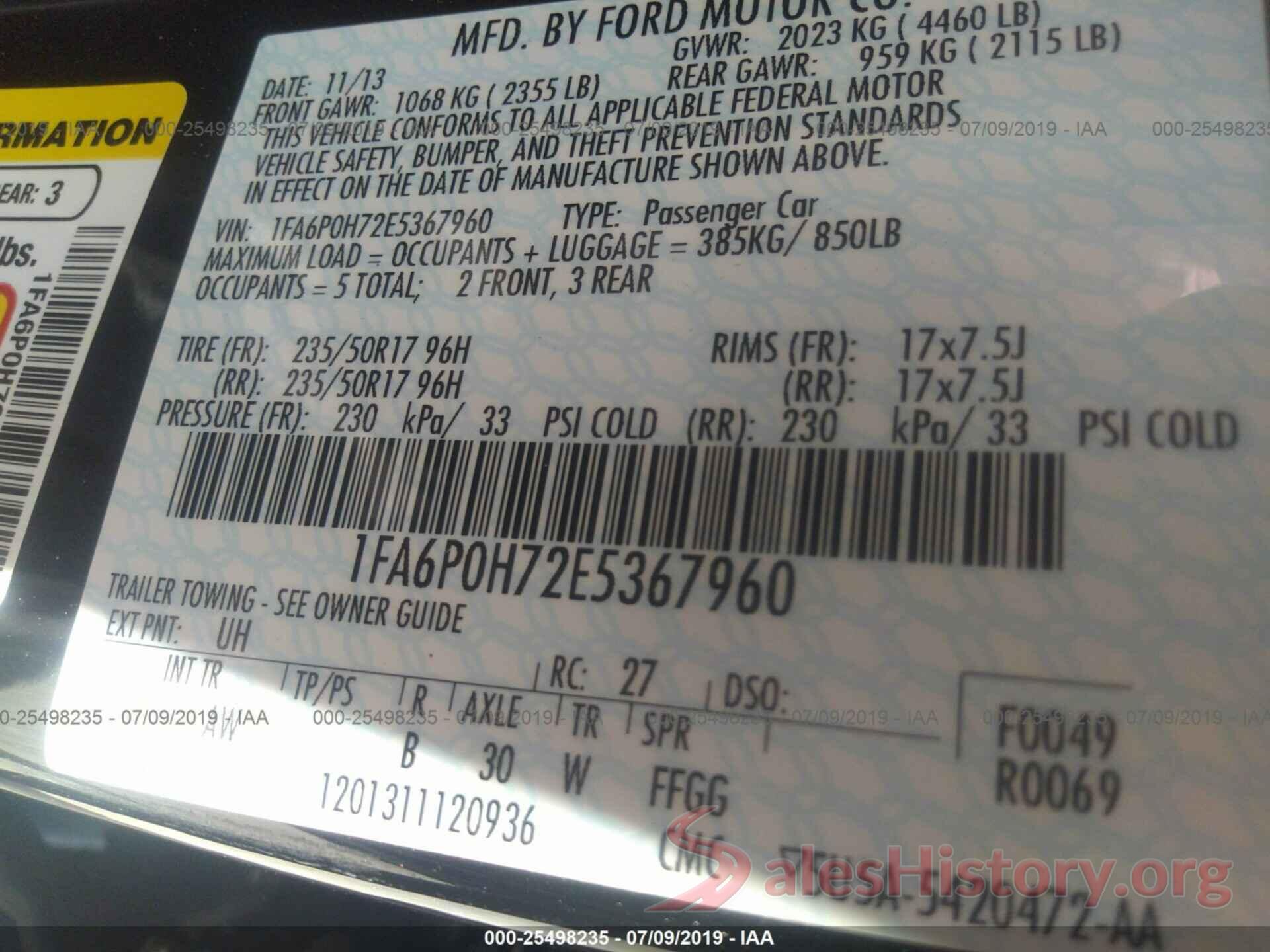 1FA6P0H72E5367960 2014 FORD FUSION