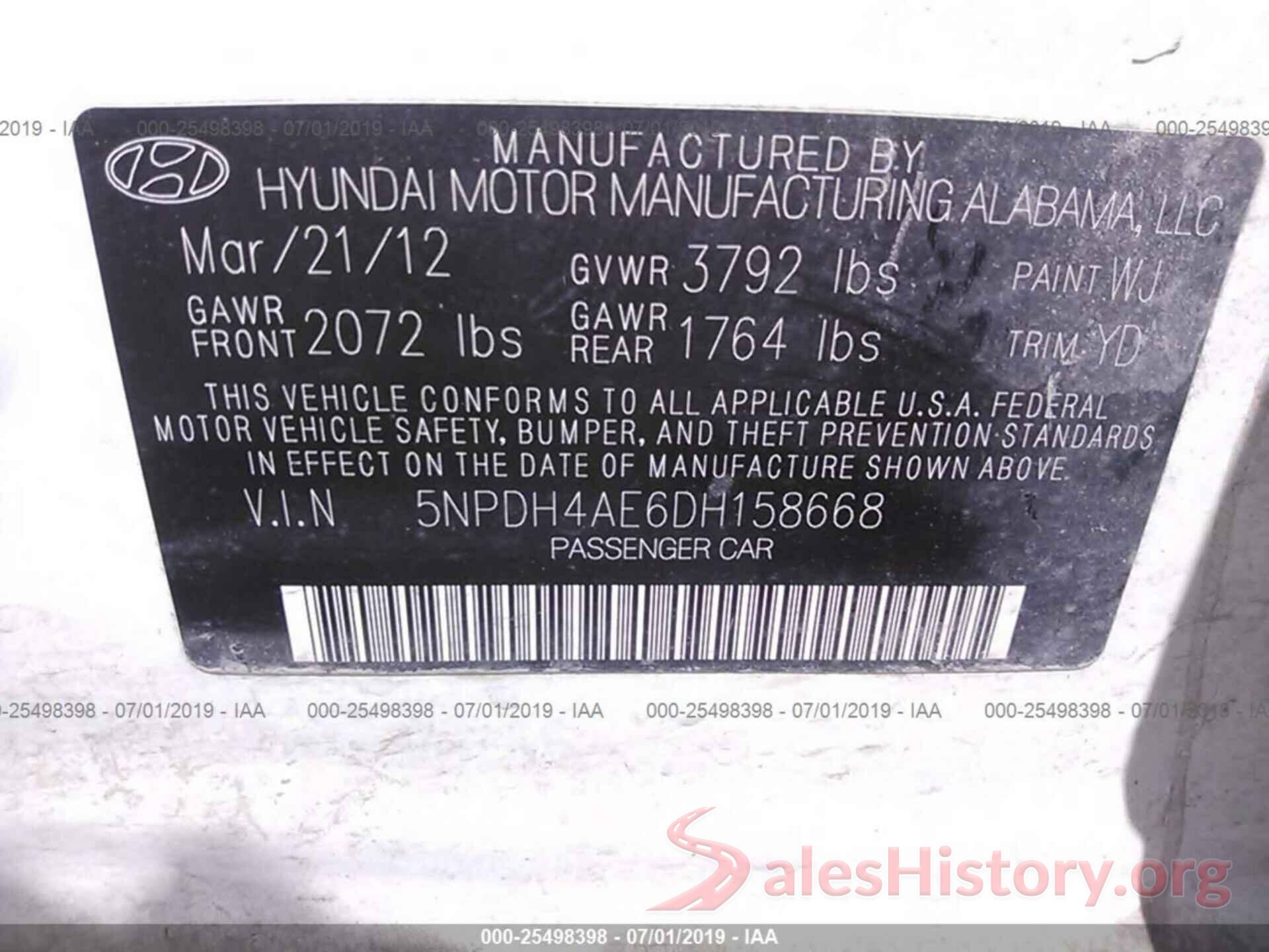 5NPDH4AE6DH158668 2013 HYUNDAI ELANTRA