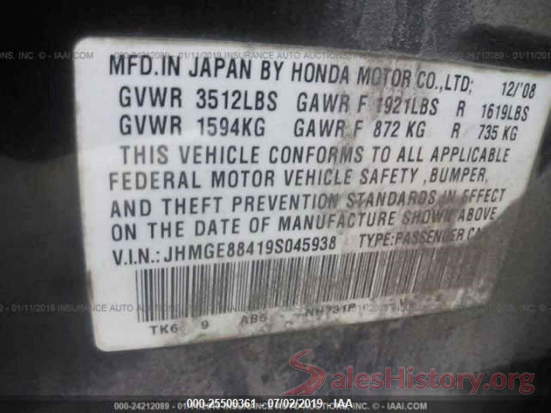 JHMGE88419S045938 2009 HONDA FIT