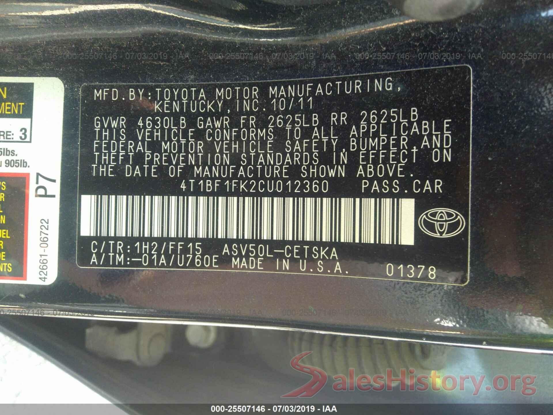 4T1BF1FK2CU012360 2012 TOYOTA CAMRY