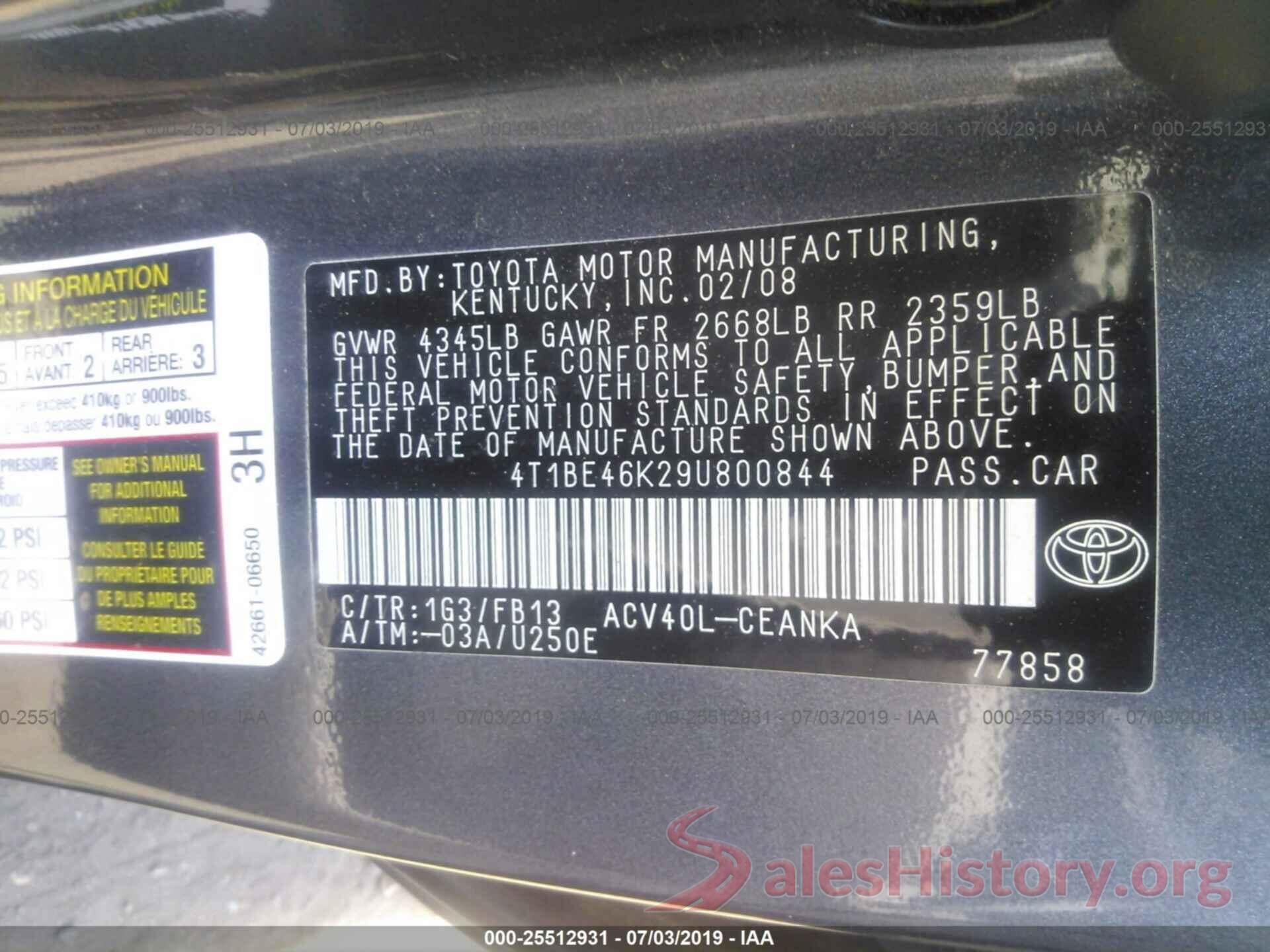 4T1BE46K29U800844 2009 TOYOTA CAMRY