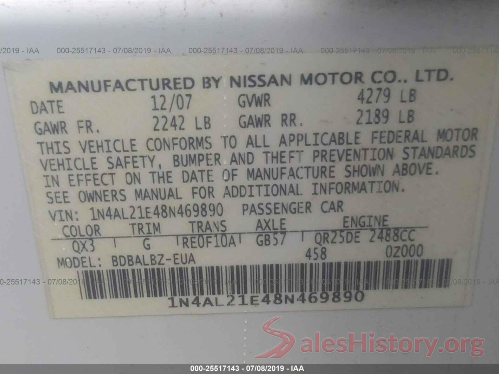 1N4AL21E48N469890 2008 NISSAN ALTIMA