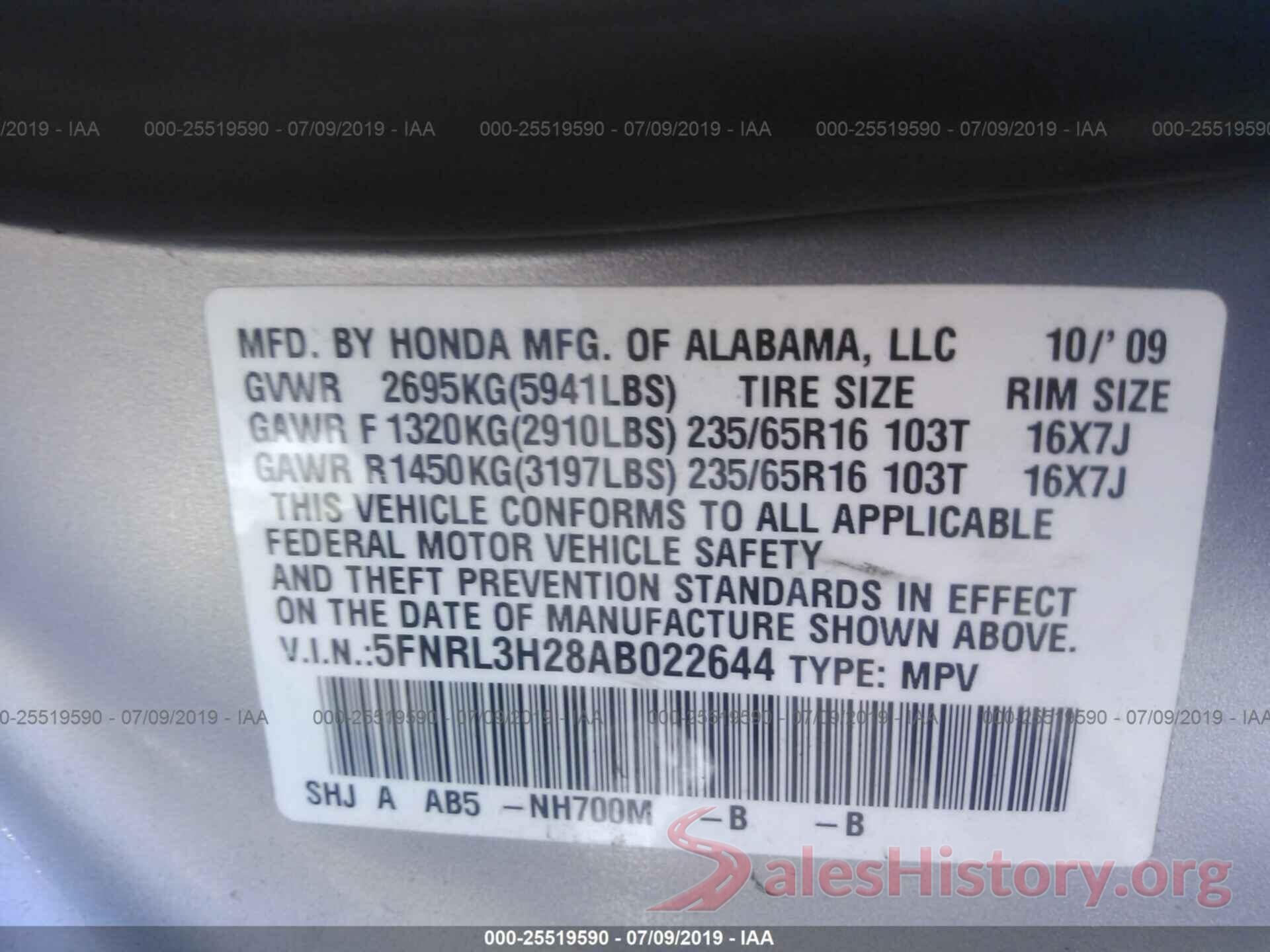 5FNRL3H28AB022644 2010 HONDA ODYSSEY