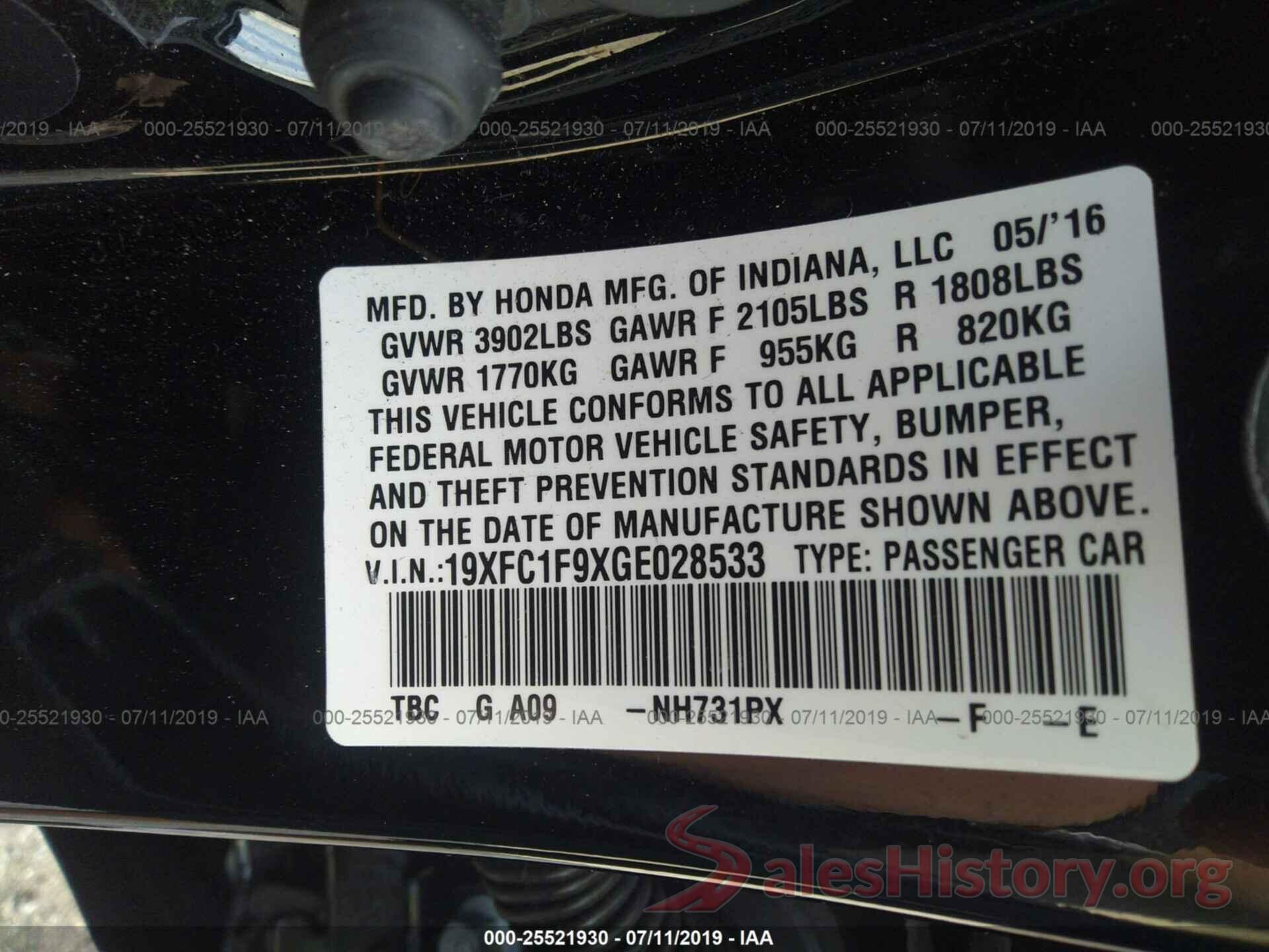 19XFC1F9XGE028533 2016 HONDA CIVIC