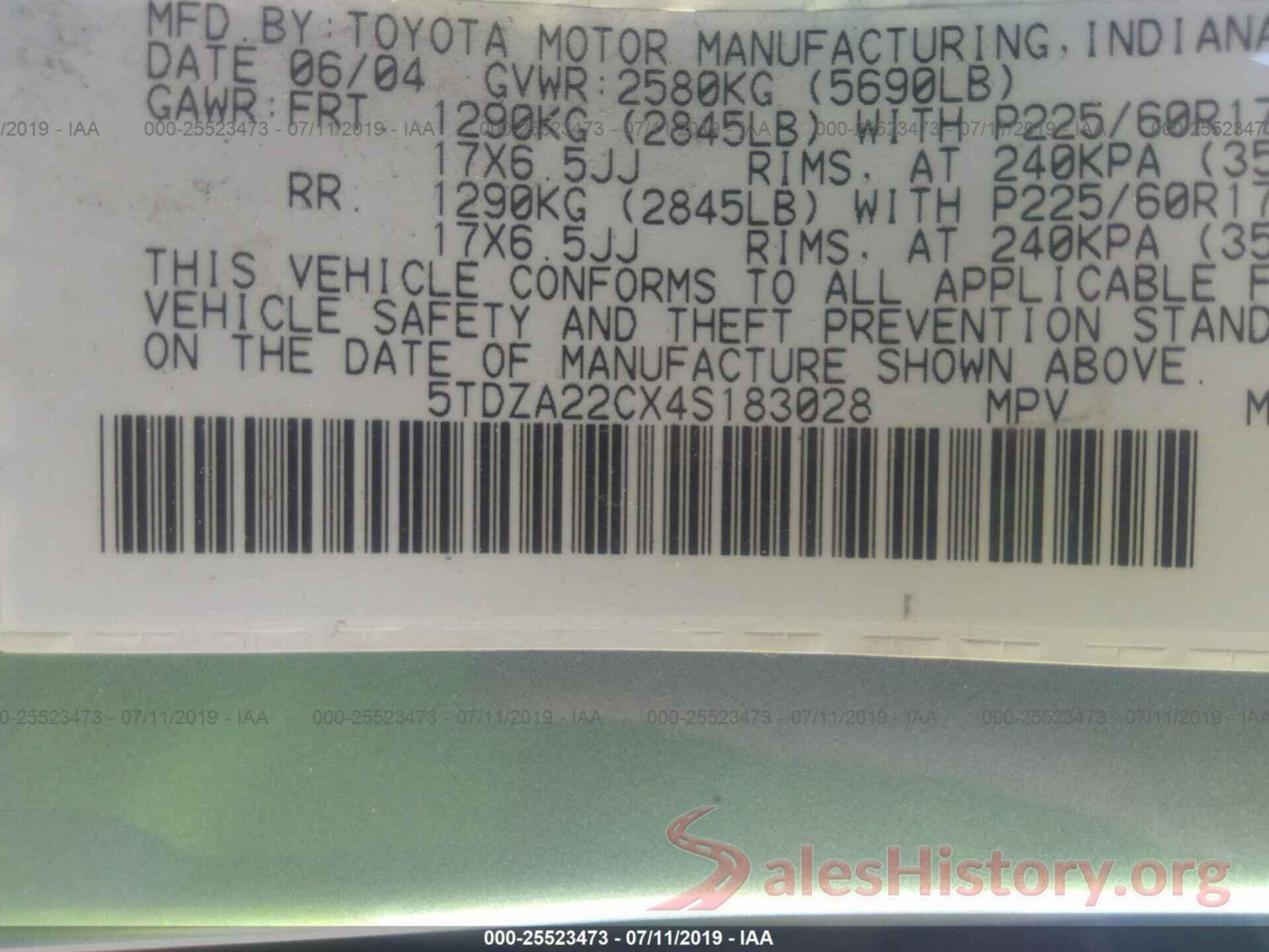 5TDZA22CX4S183028 2004 TOYOTA SIENNA