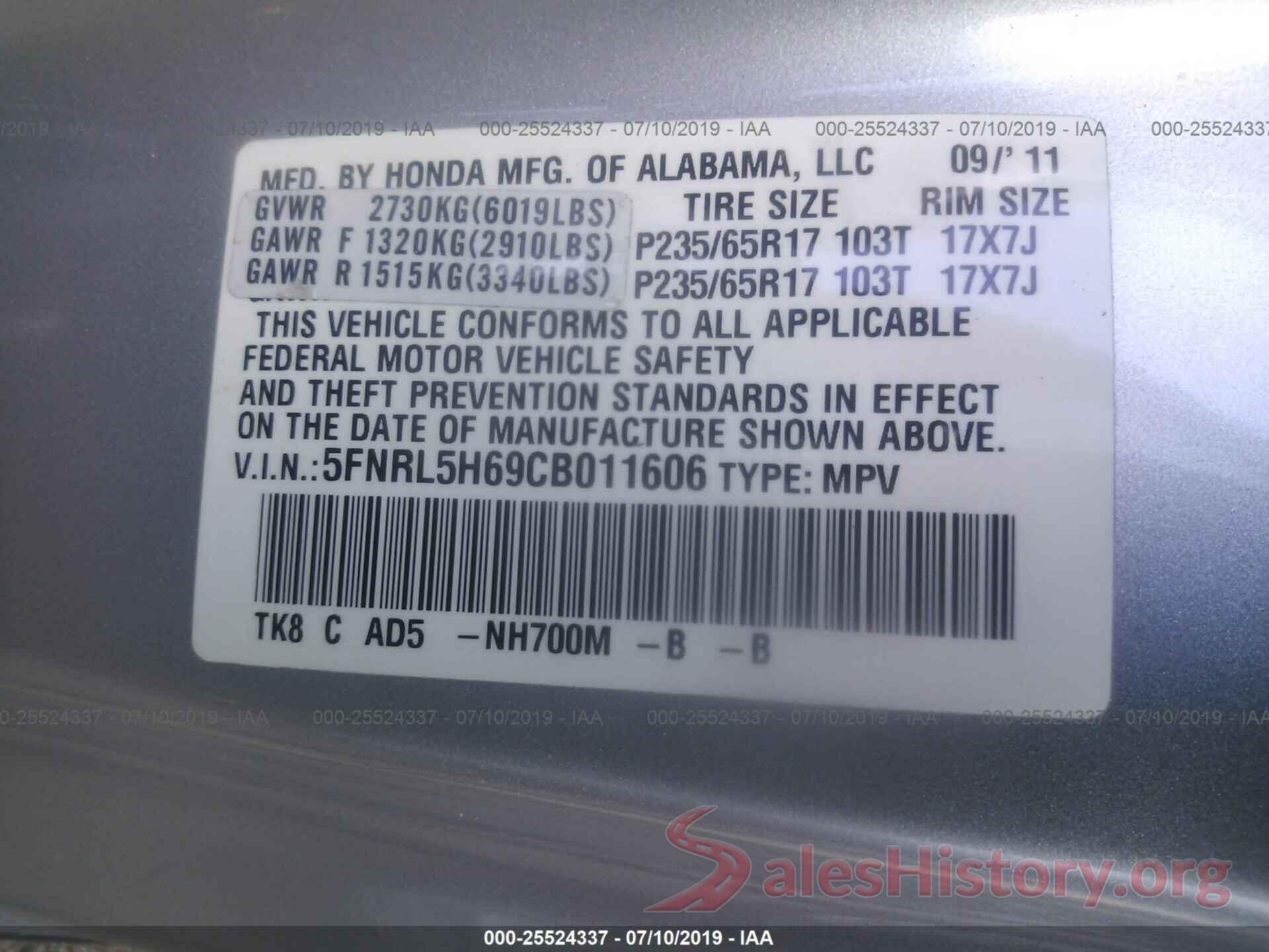 5FNRL5H69CB011606 2012 HONDA ODYSSEY