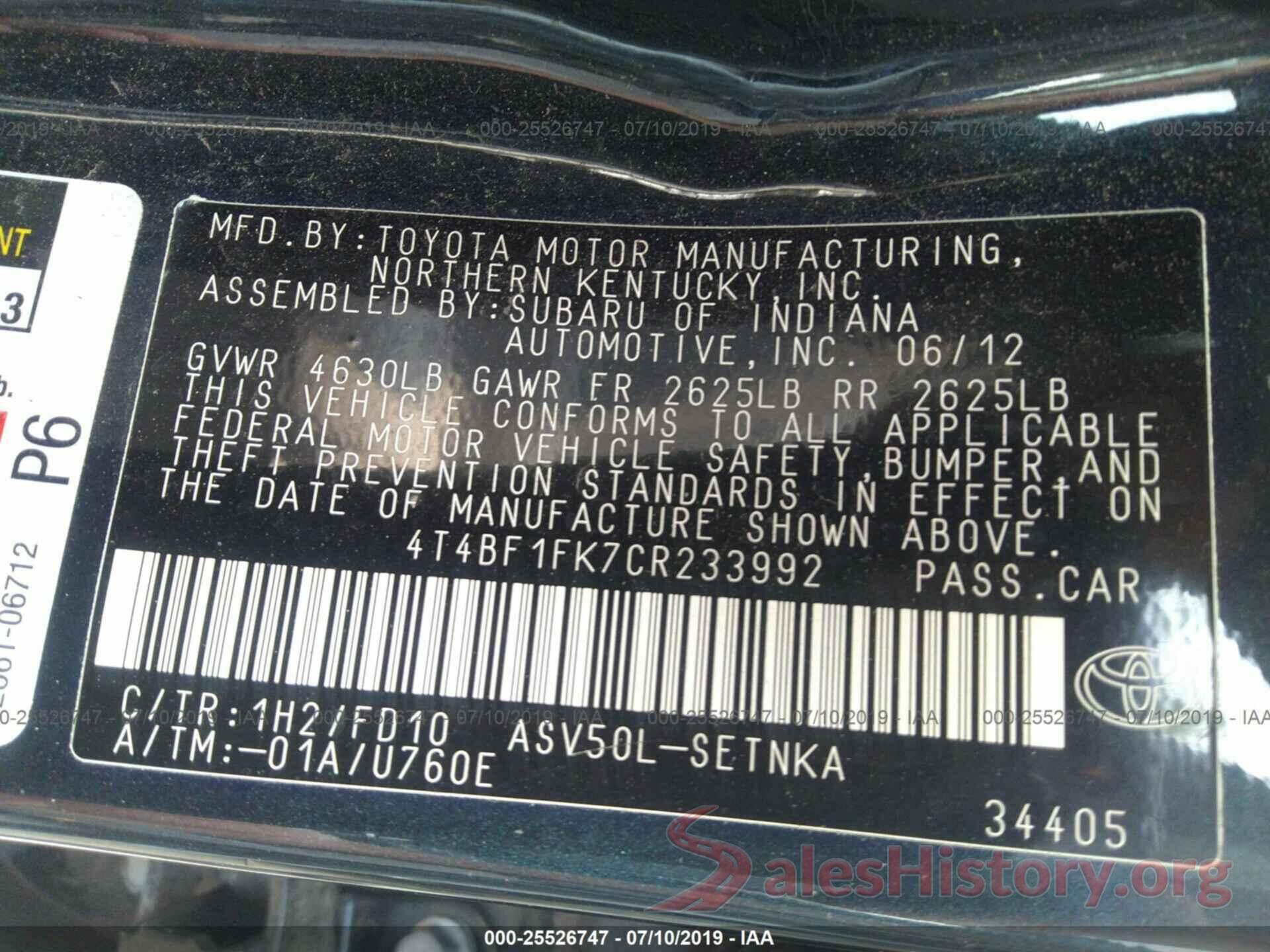 4T4BF1FK7CR233992 2012 TOYOTA CAMRY