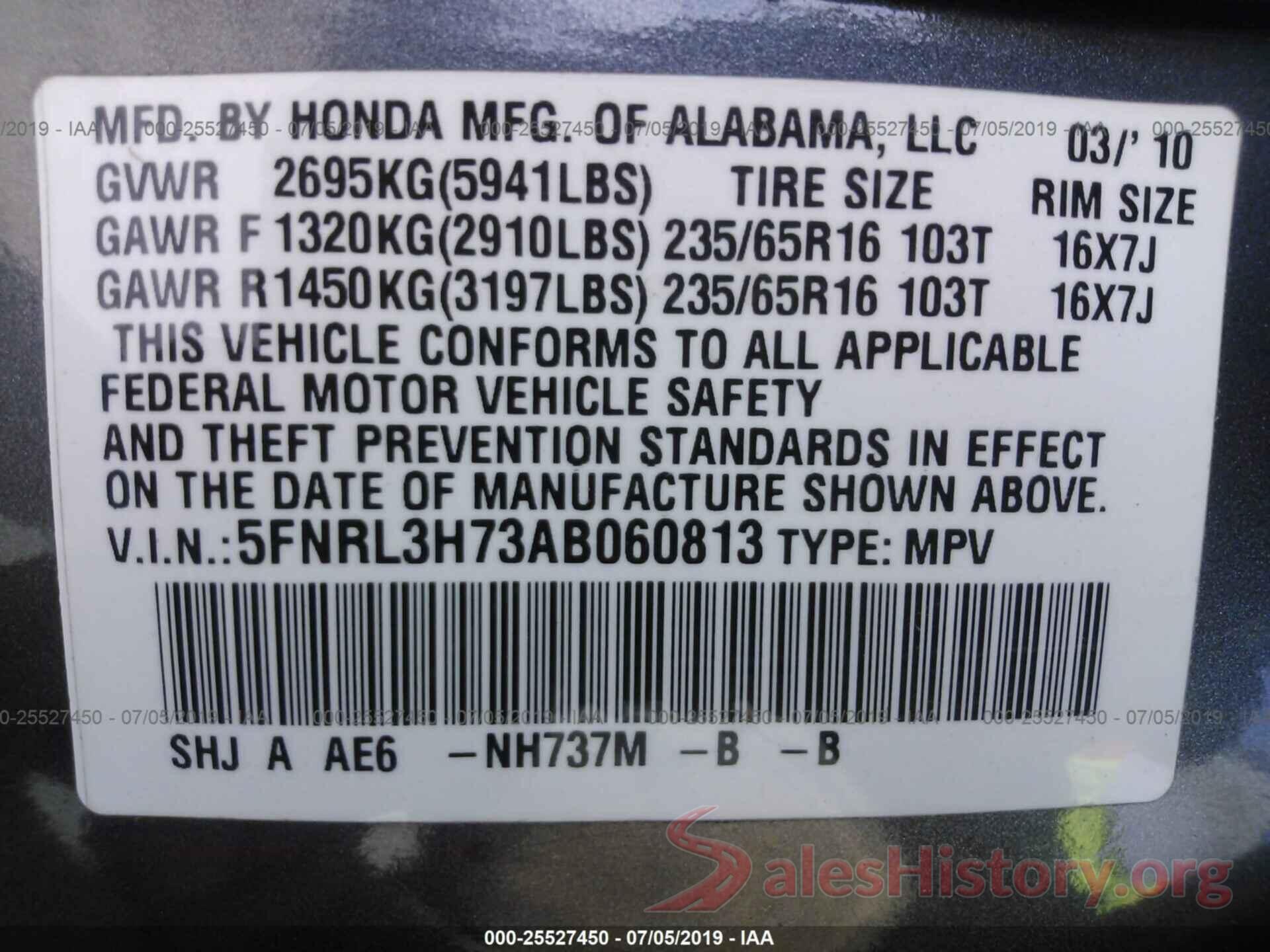 5FNRL3H73AB060813 2010 HONDA ODYSSEY