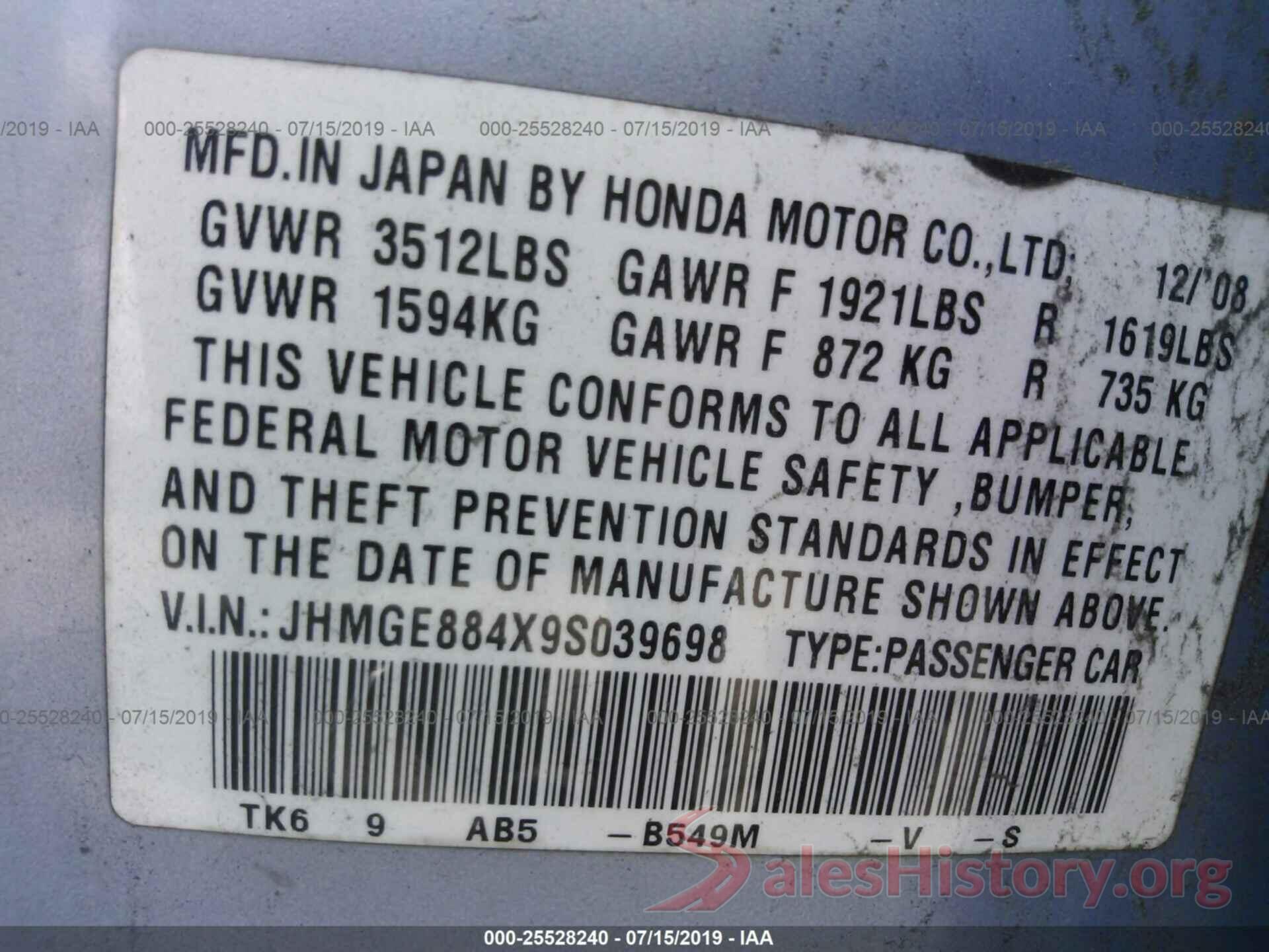 JHMGE884X9S039698 2009 HONDA FIT