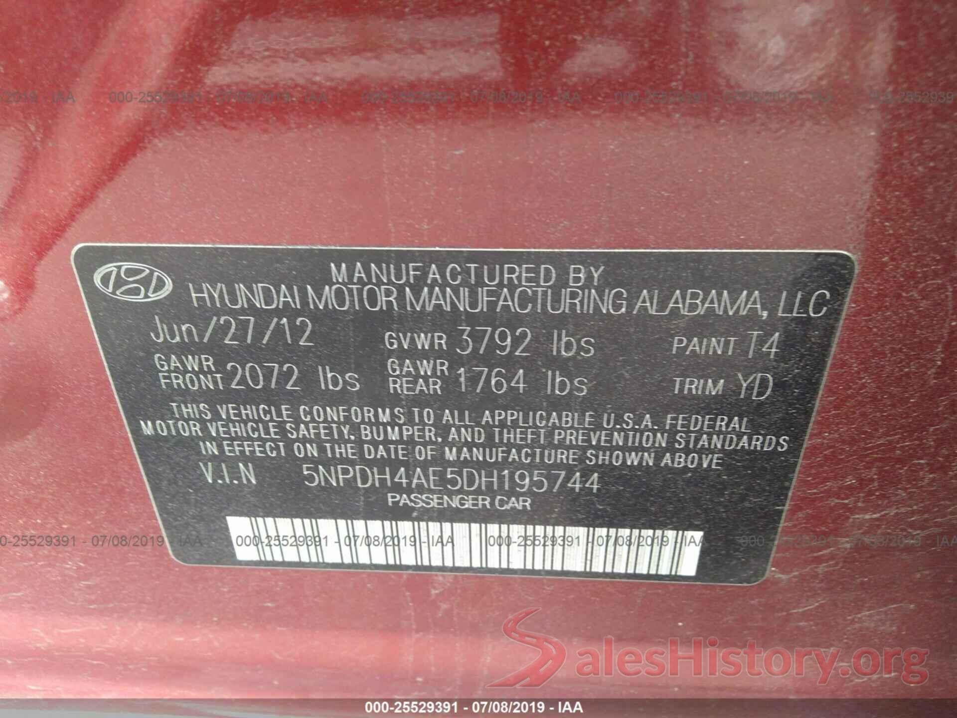 5NPDH4AE5DH195744 2013 HYUNDAI ELANTRA