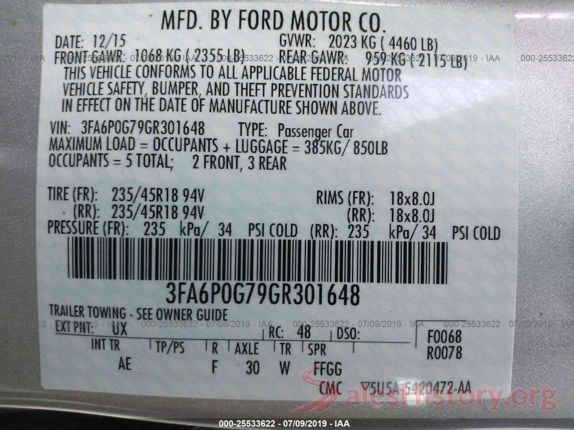 3FA6P0G79GR301648 2016 FORD FUSION