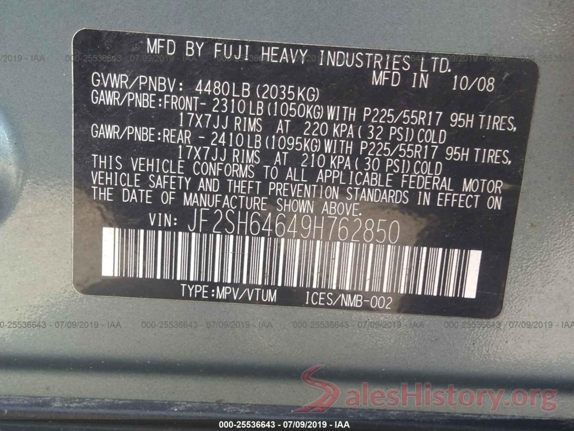 JF2SH64649H762850 2009 SUBARU FORESTER